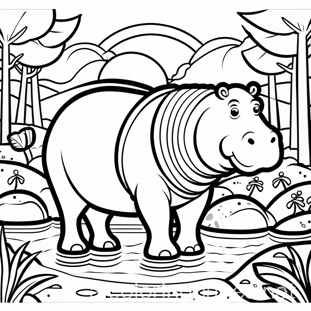 hippo at the zoo, Coloring Page, black and white, line art, white background, Simplicity, Ample White Space. The background of the coloring page is plain white to make it easy for young children to color within the lines. The outlines of all the subjects are easy to distinguish, making it simple for kids to color without too much difficulty