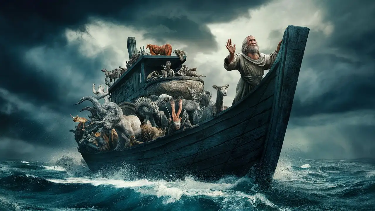 generate an image of Noah, biblical words, ocean, boat all creatures in boat, dark cloudy background