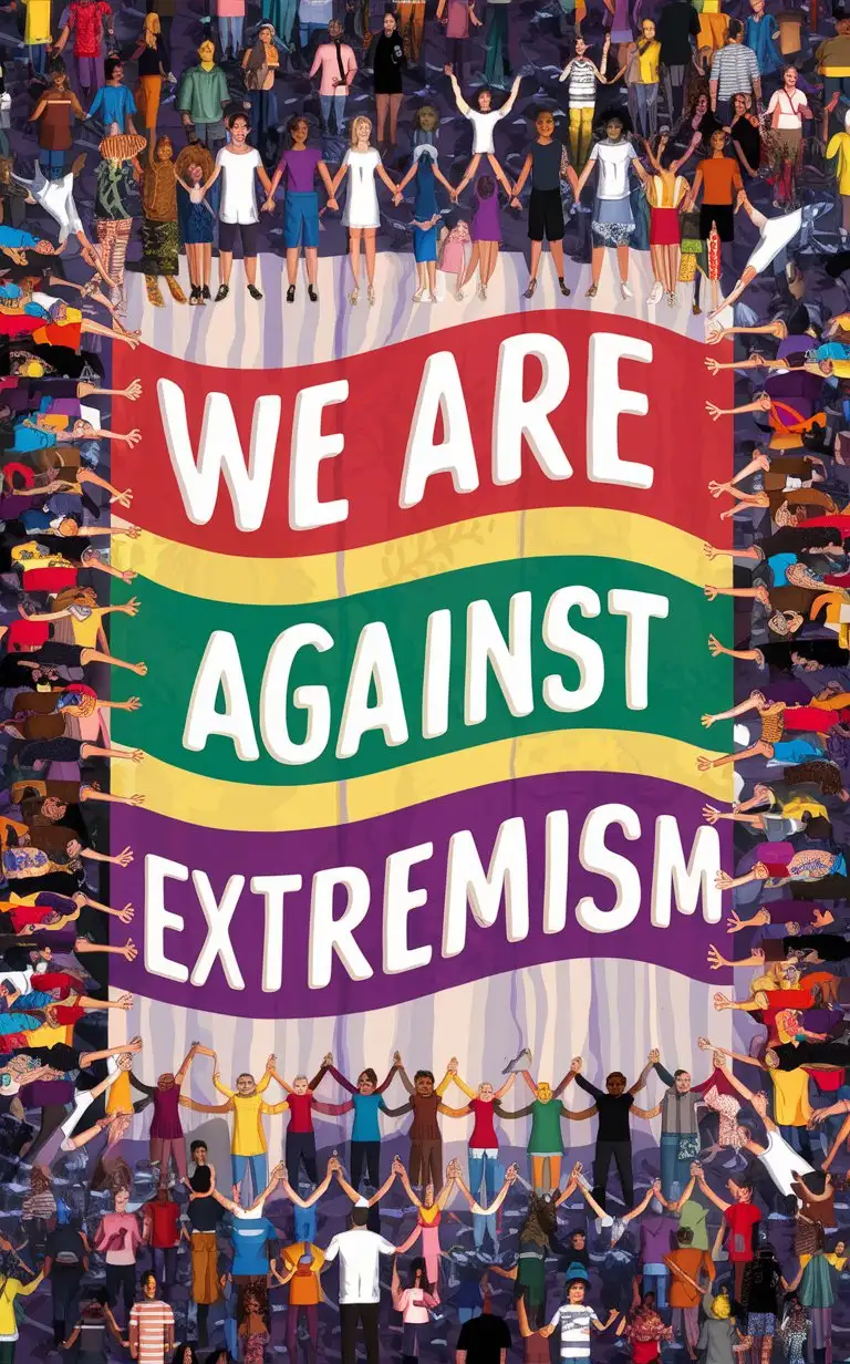 красочный баннер с надписью "мы против экстремизма", на котором много людей держат друг-друга за руки