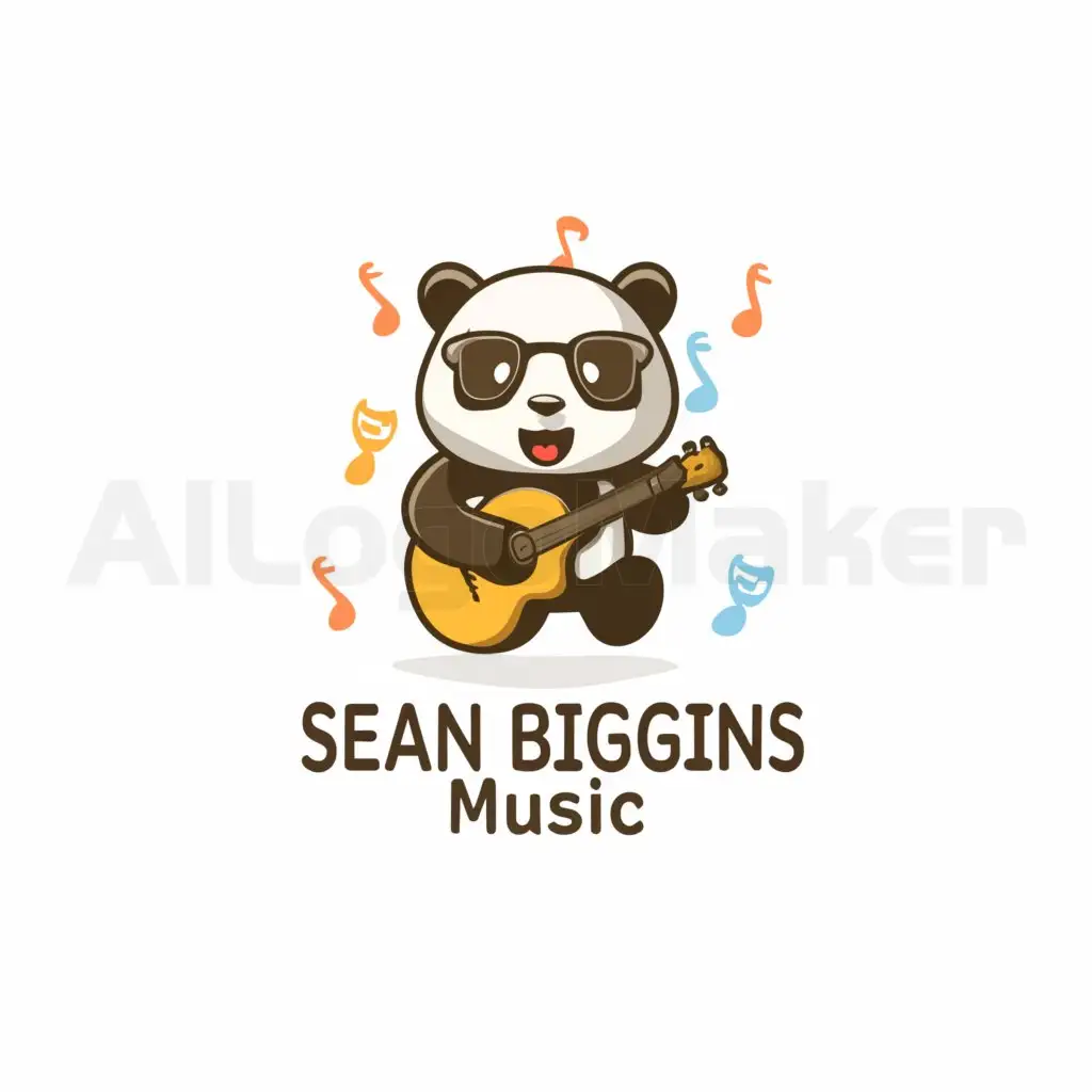 a logo design,with the text "Sean Biggins Music", main symbol:Happy Panda with a guitar surrounded by Music notes,complex,be used in Entertainment industry,clear background
