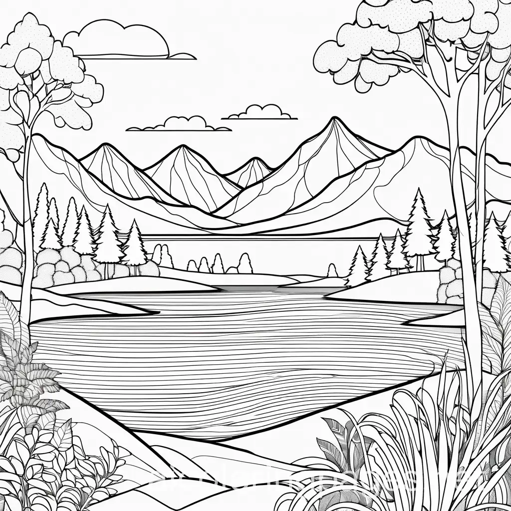 Nature Scene, Coloring Page, black and white, bold marker thick line, no shadings, white background, Simplicity, Ample White Space. The background of the coloring page is plain white. The outlines of all the subjects are easy to distinguish., Coloring Page, black and white, line art, white background, Simplicity, Ample White Space. The background of the coloring page is plain white to make it easy for young children to color within the lines. The outlines of all the subjects are easy to distinguish, making it simple for kids to color without too much difficulty