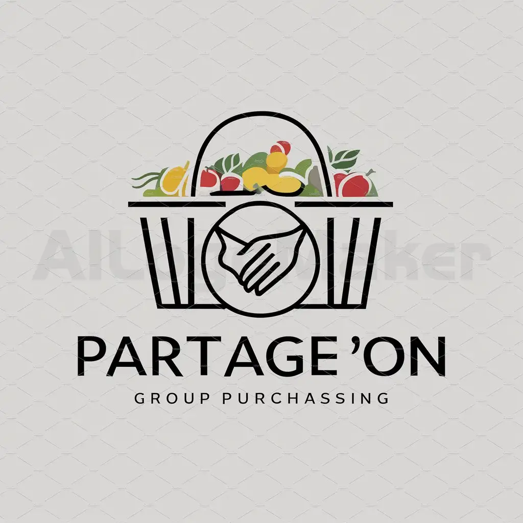 a logo design,with the text "Partage ' On", main symbol:un panier rempli de course avec un symbole de communauté en rond,Moderate,be used in Groupement d'achat industry,clear background