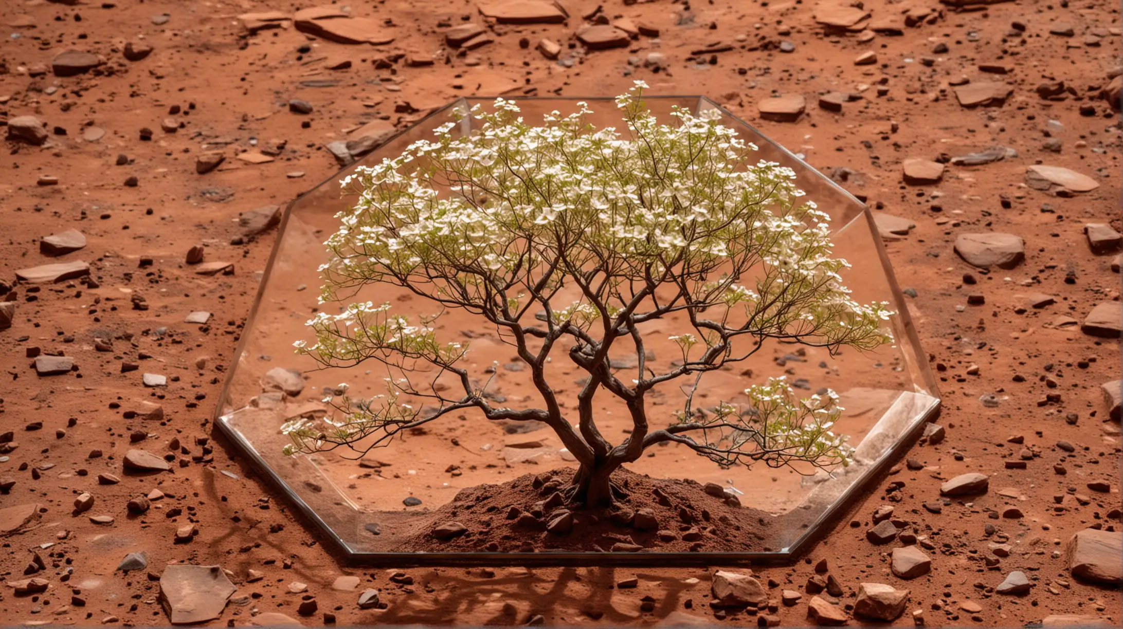 Japanese Dogwood Tree under Hexagon Glass on Mars Surface