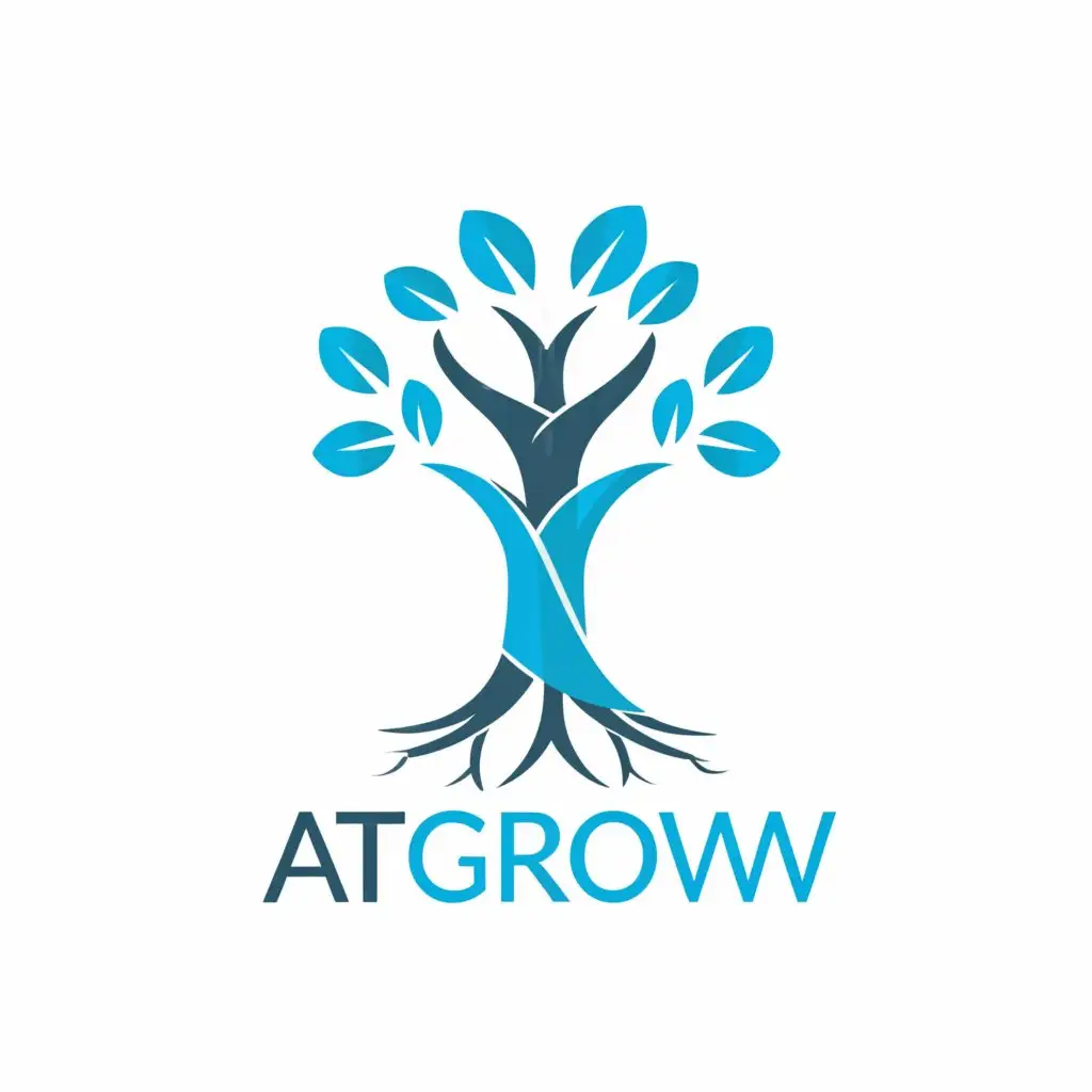 a logo design,with the text "At Grow", main symbol:a blue tree with business growth arow,Moderate,be used in Automotive industry,clear background