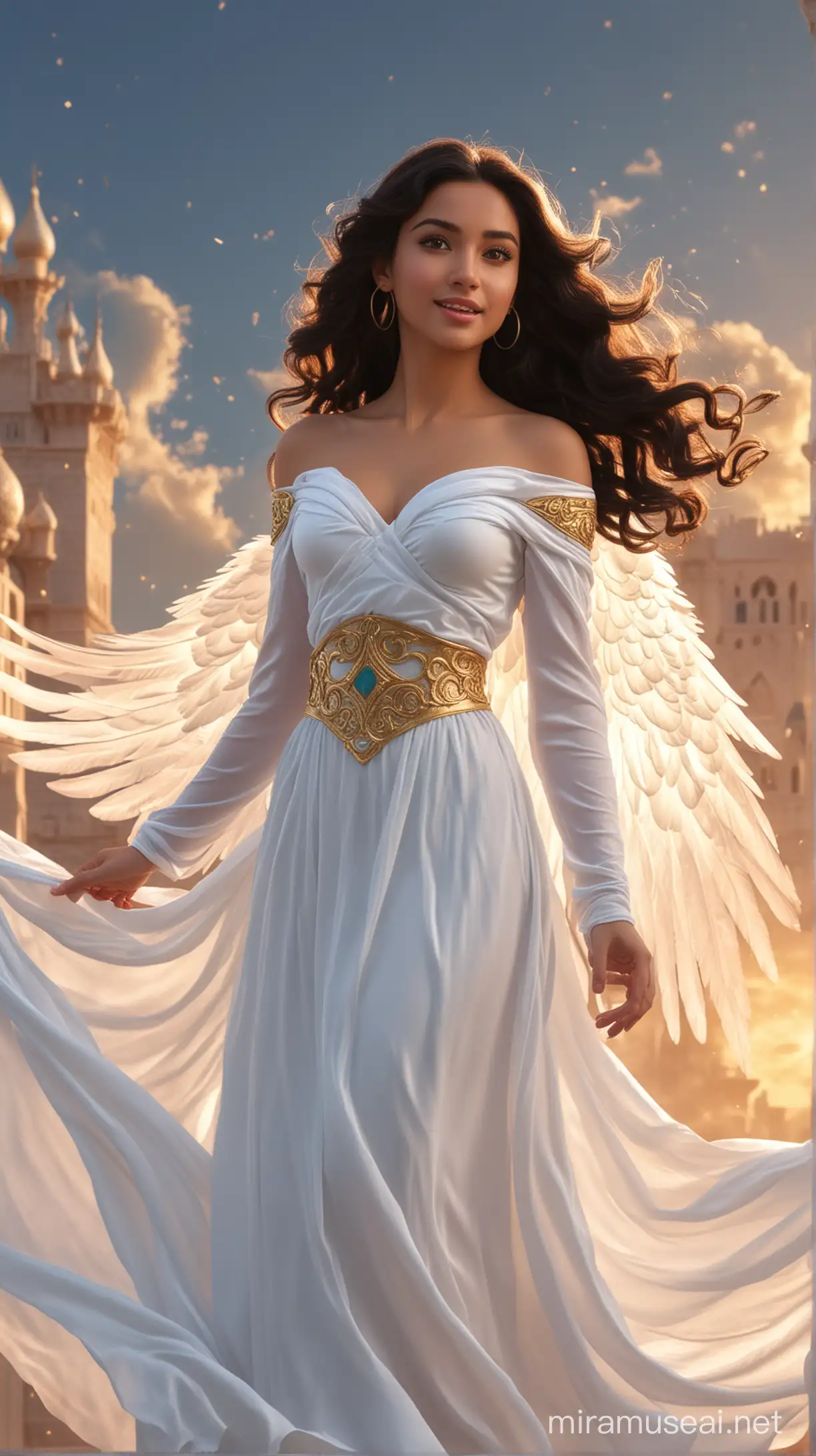 in the sky natural background an angel flies to heaven  there are disney princess Jasmine Arab 18-years and long wavy black hair and brown eyes and celestial white dress and with large white angel wings face beautiful 8k re solution ultra-realisti