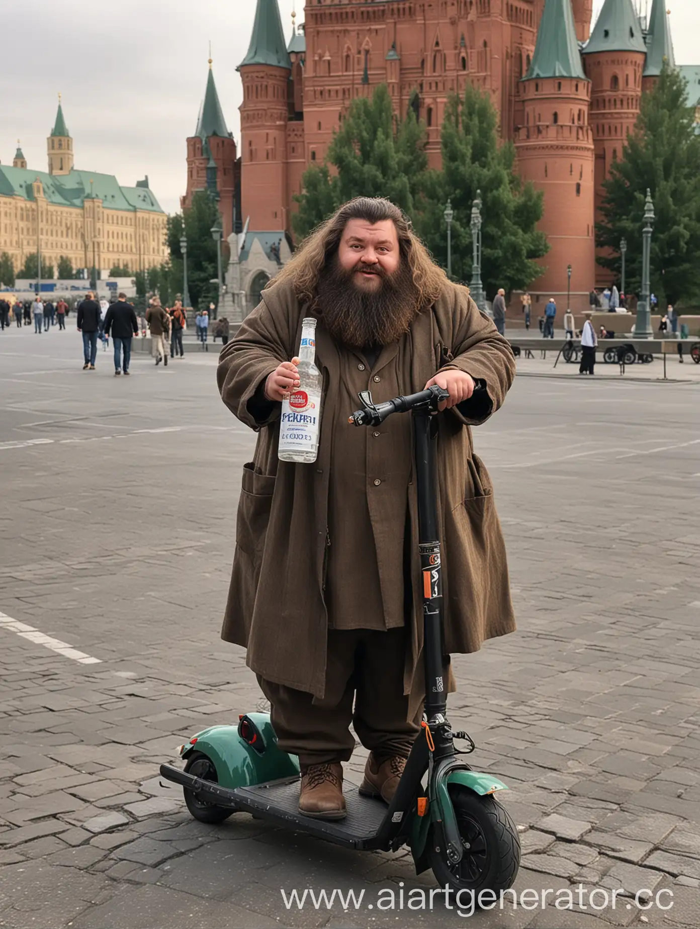 Хагрид на электросамокате с бутылкой водки на фоне кремля