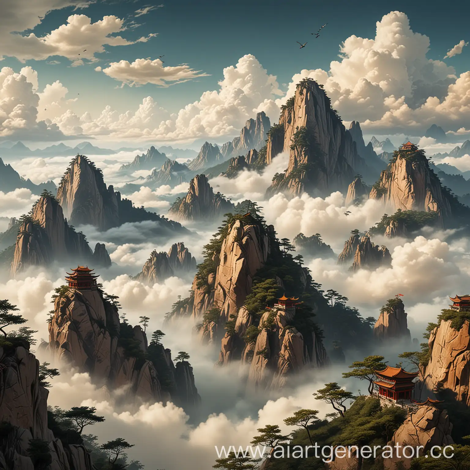 китайские горы с облаками, мультяшный