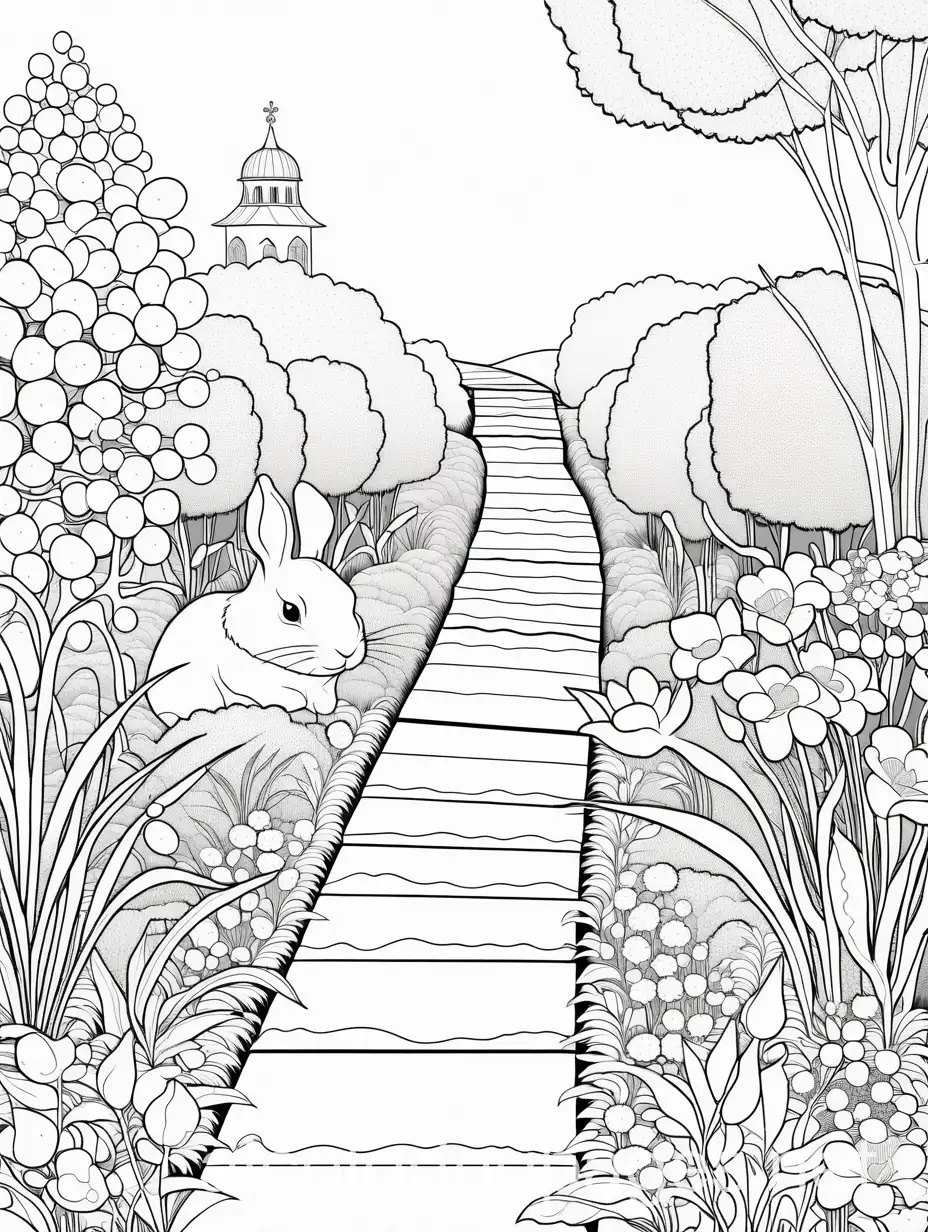 A rabbit hops down a path through the royal flower garden, Coloring Page, black and white, line art, white background, Simplicity, Ample White Space. The background of the coloring page is plain white to make it easy for young children to color within the lines. The outlines of all the subjects are easy to distinguish, making it simple for kids to color without too much difficulty