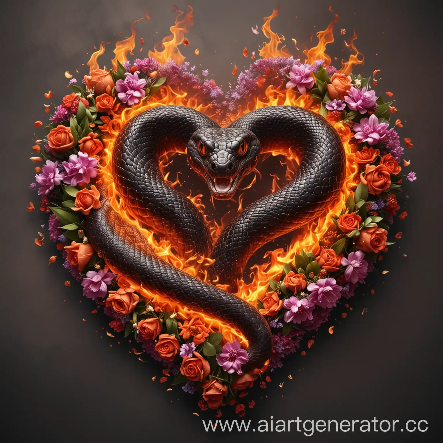 Змея в форме сердца.Горящая пламенем.На фоне  цветы