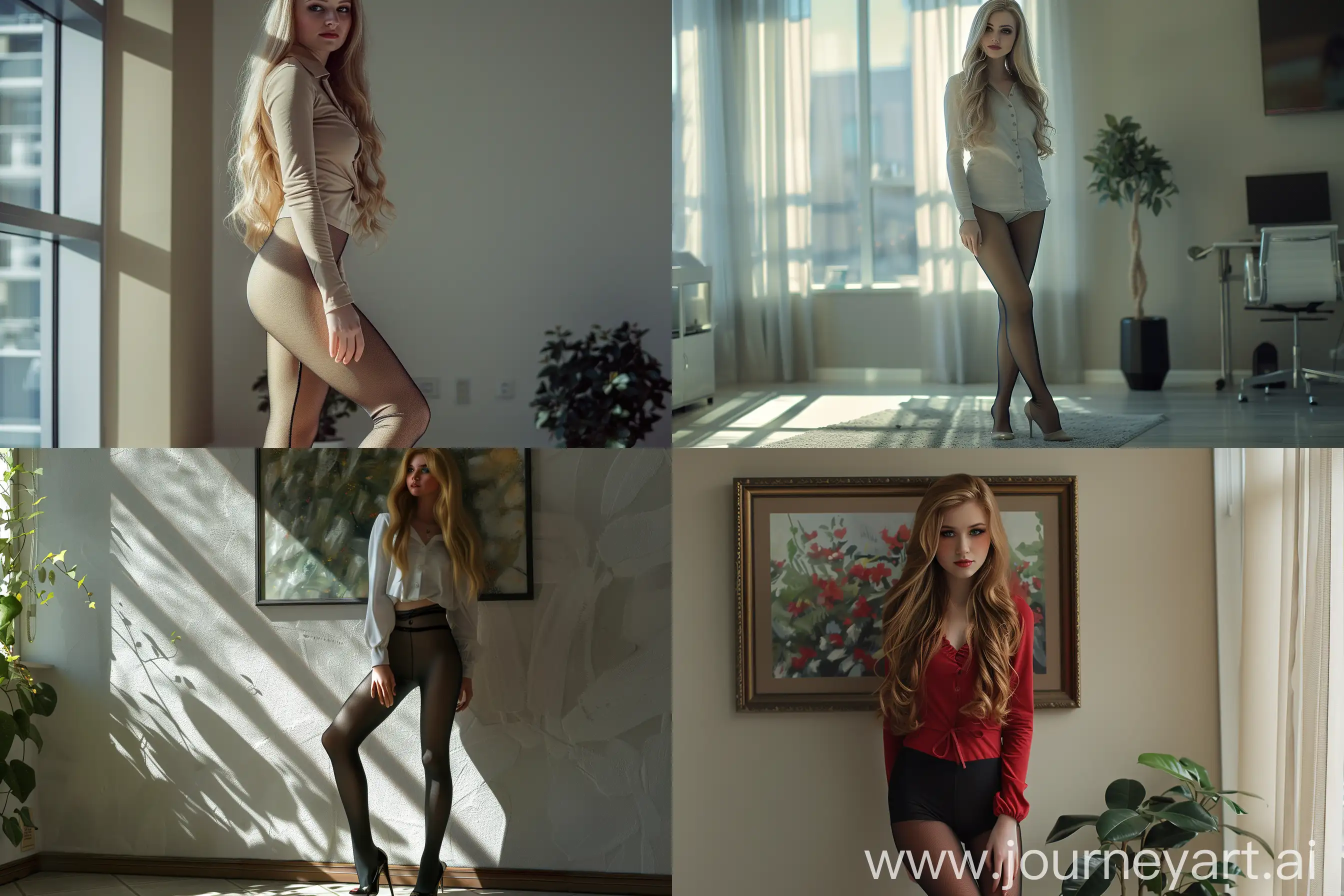 American young women, dark bodily pantyhose legs, foot, emphasis on pantyhose legs beautiful, makeup exquisite beautiful, long blondehead delicate women, naturalistic pose, in beautiful office, very real, facial expression smile, hyperrealistic, standing --ar 3:2 --style raw
