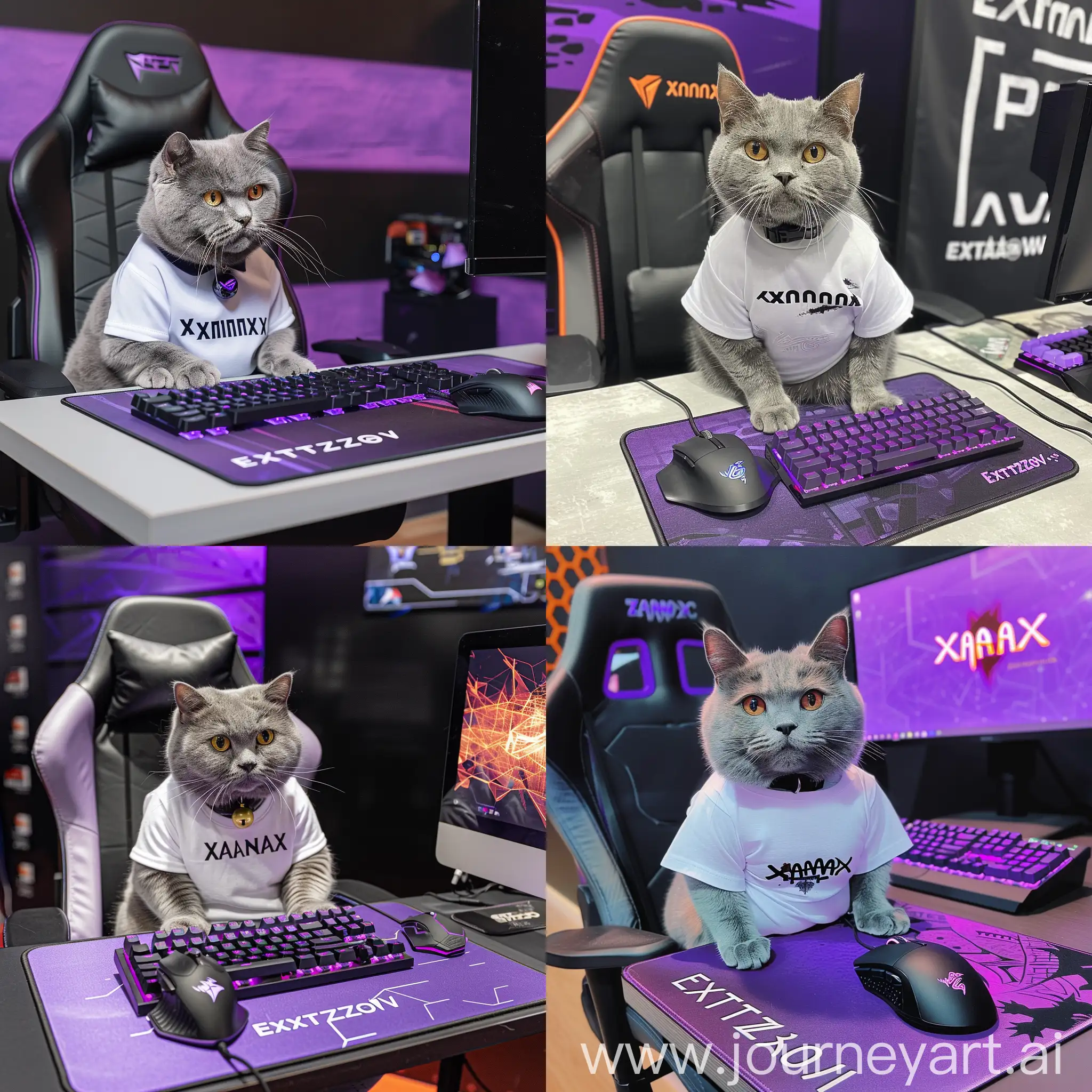 A gray cat of the British breed sits on a computer chair at a table on which there is a purple keyboard and a black gaming mouse, behind the cat there is a black and purple wall, the cat is dressed in a white T-shirt with text"XANAX" written in the center of T-shirt , text"ExtaZoV" written on the gaming mat under the gaming mouse