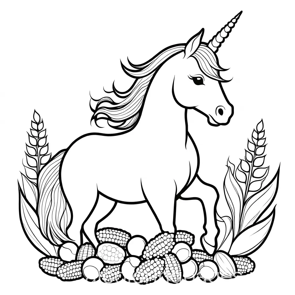 Unicorn corn summer, Coloring Page, black and white, line art, white background, Simplicity, Ample White Space. The background of the coloring page is plain white to make it easy for young children to color within the lines. The outlines of all the subjects are easy to distinguish, making it simple for kids to color without too much difficulty