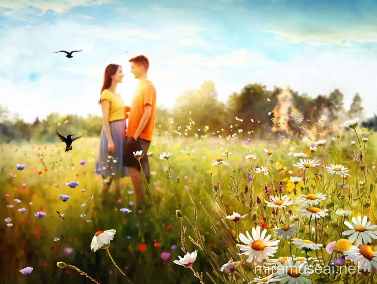 лето, цветущий луг, в небе птицы, солнце, парень и девушка, watercolour style by Alexander Jansson