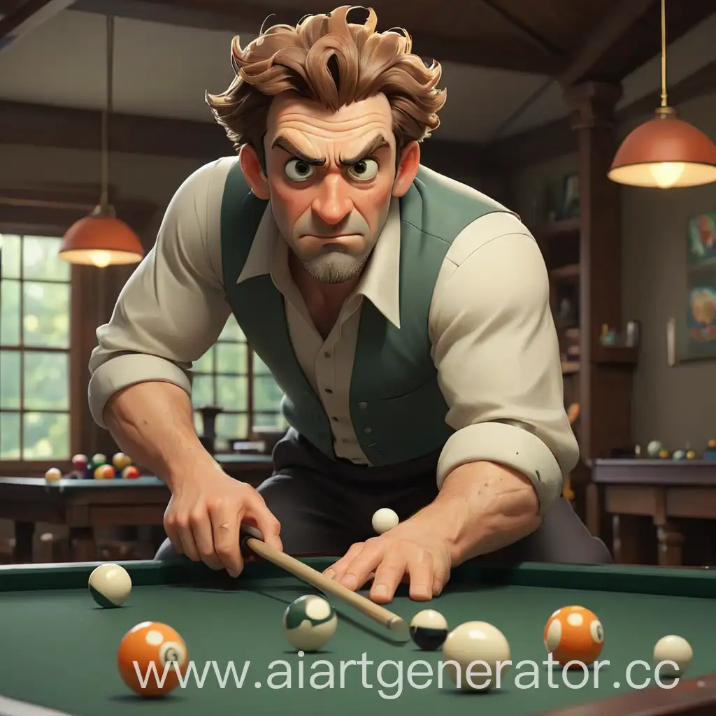 Cartoon-Man-Playing-Billiards-with-Colorful-Balls