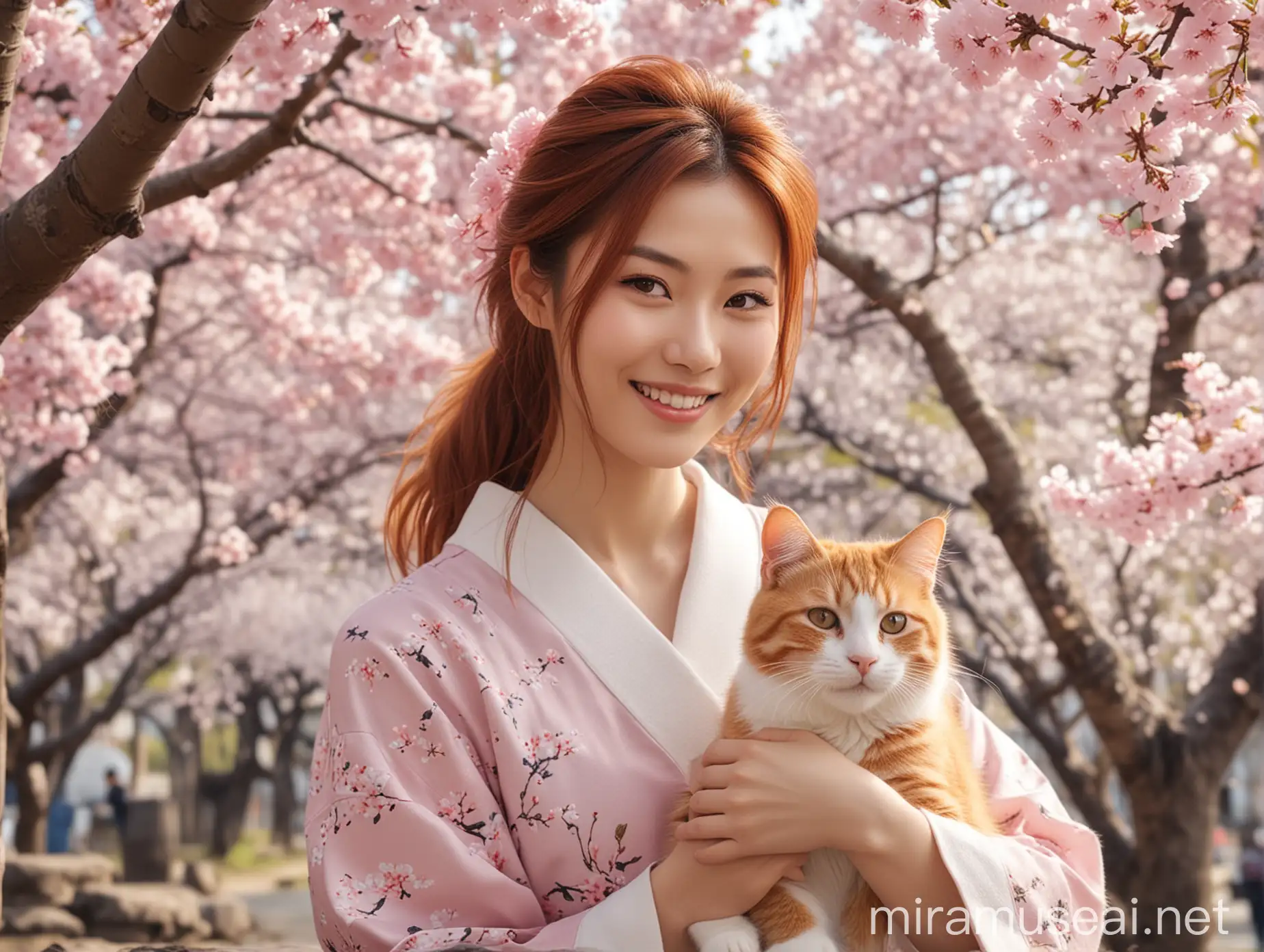Japanese Woman Smiling with Cute Ginger Cat under Sakura Tree
