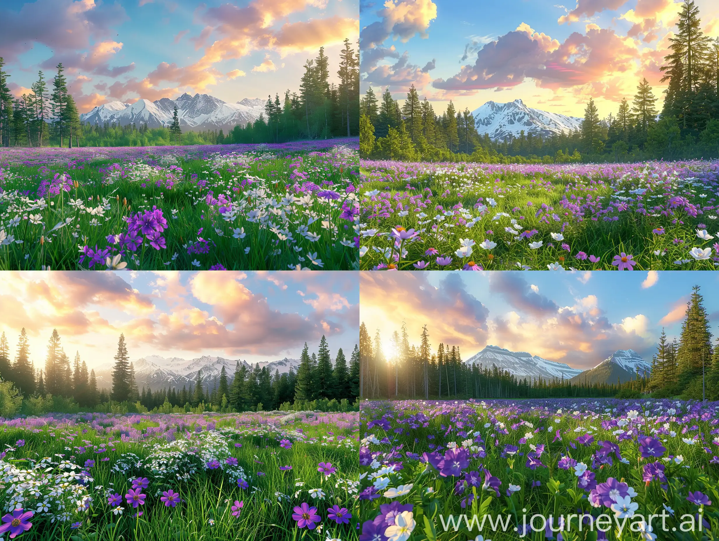Picture square lush colourful meadow,with beautiful purple and white flowers,visible forest with tall trees not far ahead, majestic snowy mountain range visible in a distance,warm sunrise, beautiful cascading clouds,large wide open area, blooming spring environment,vibrant colours, natural beauty, impressionism, realistic Japanese animation stlye,broken effect, surrealism,high resolution,high definition,high quality 