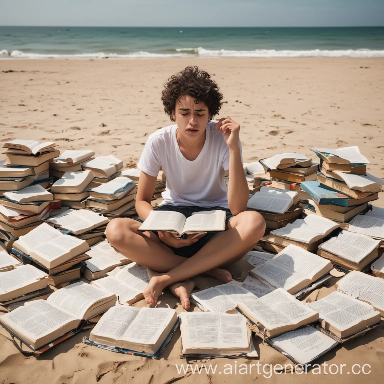 A person sitting on the beach with a confused expression, surrounded by grammar books and dictionaries