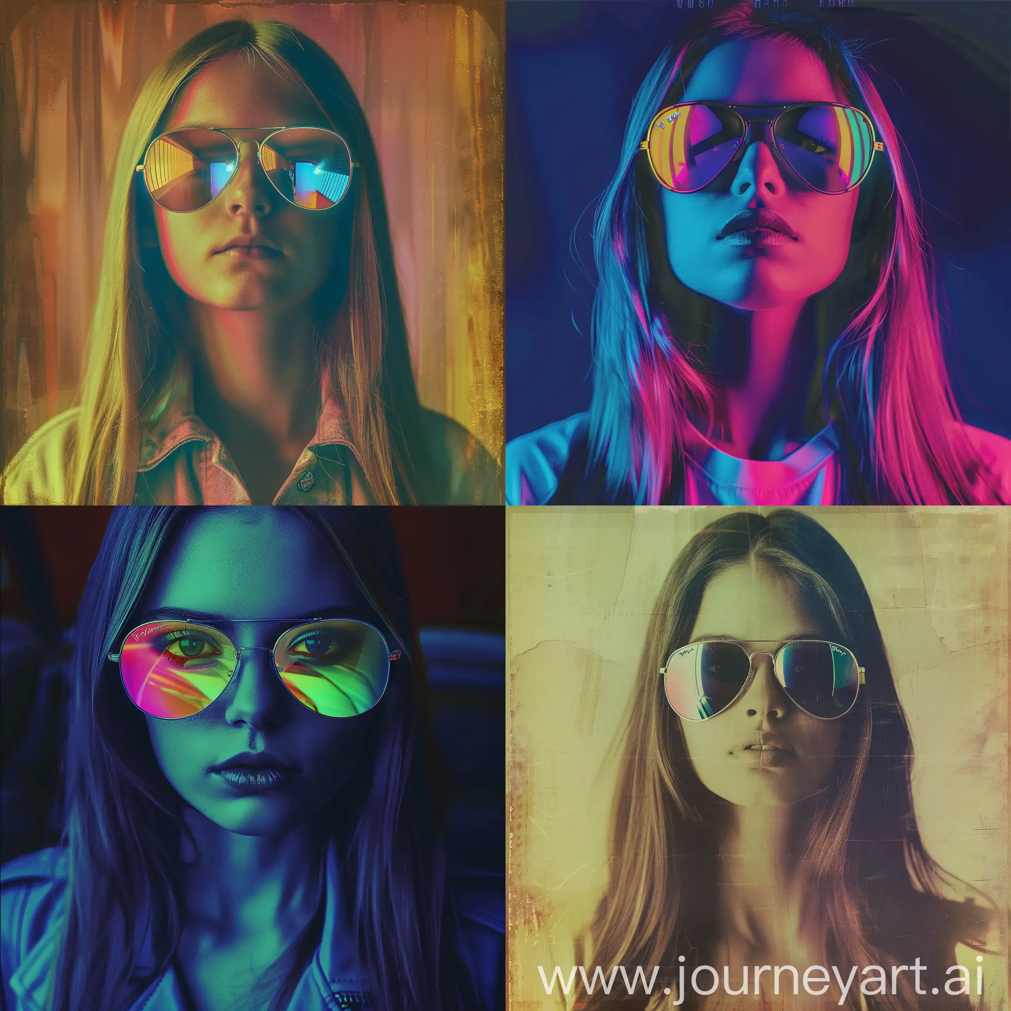 Generate a portrait of a girl wearing ray ban or Vaurnet reflective sunglasses reminiscent of iconic 1980s movie posters. The girl's expression should be confident and stylish, evoking the spirit of the era. Pay attention to the composition, lighting, and color palette to capture the essence of classic 1980s cinematography. Emphasize the bold and vibrant aesthetic typical of the era's movie posters, while also ensuring a timeless and iconic quality to the image.  Hair should be long and straight.  Use a Kodak vintage film photo look.