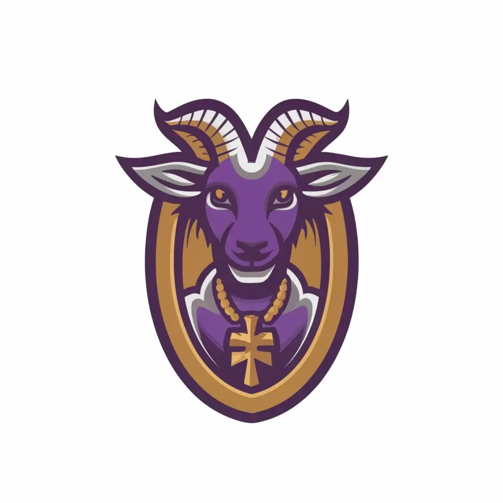 a logo design,with the text "GOATS", main symbol:mascot goat design I want a goat that is Wearing a sports medal that has a cross on it. This is a christian sports organization.   and are colors are purple and gold NOTE ONLY GOAT NOT LOGO NAME,Moderate,clear background