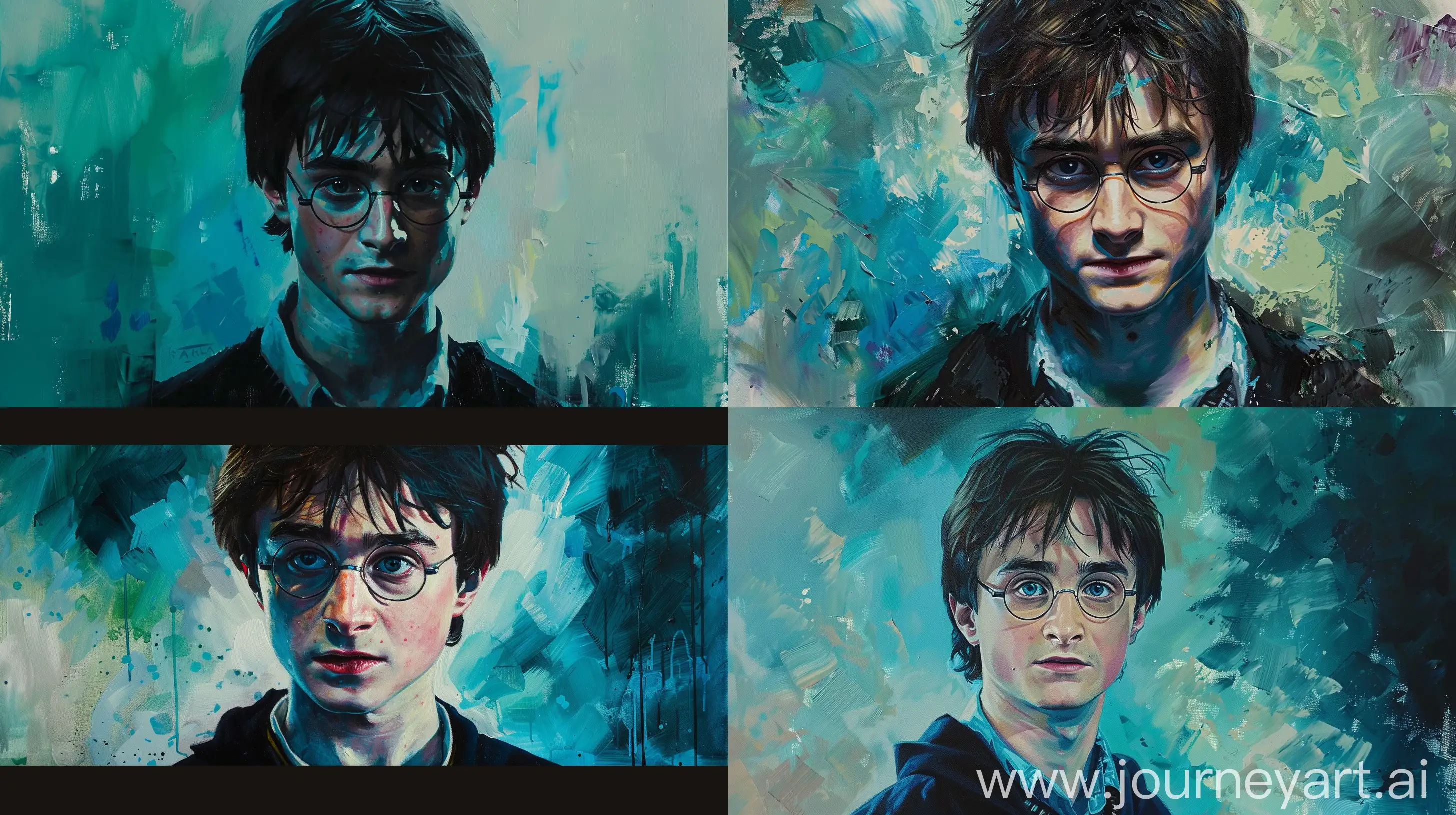 oil painting of harry potter with a color palette of bright blues, cyan, blacks, white and a soft greenish-blue as background --ar 16:9
