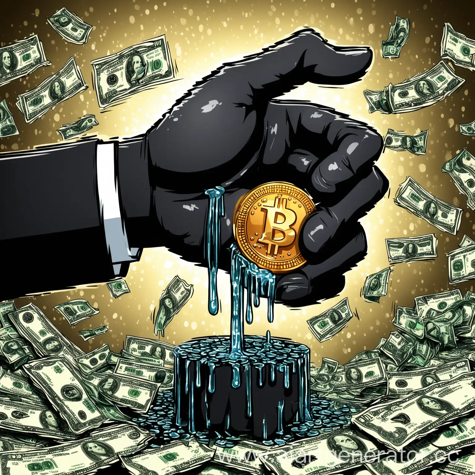 Create an avatar featuring a capitalist strong hand   he squeezing a Black Bitcoin, with dollars dripping from it. The hand and black should be the central element, and the background should be neutral to keep the focus on the main object. The style should be modern and vibrant