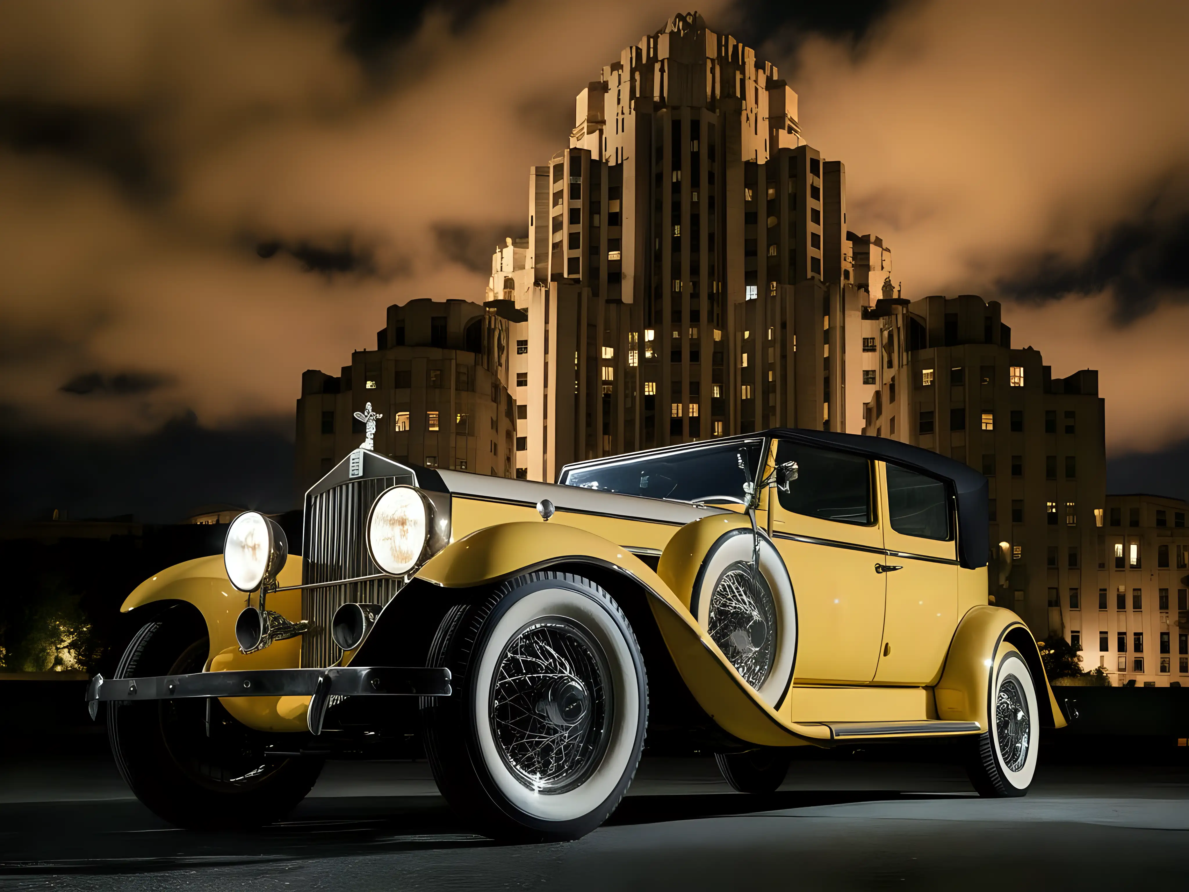 Vintage Yellow Rolls Royce Parked in Front of Art Deco Building at Night