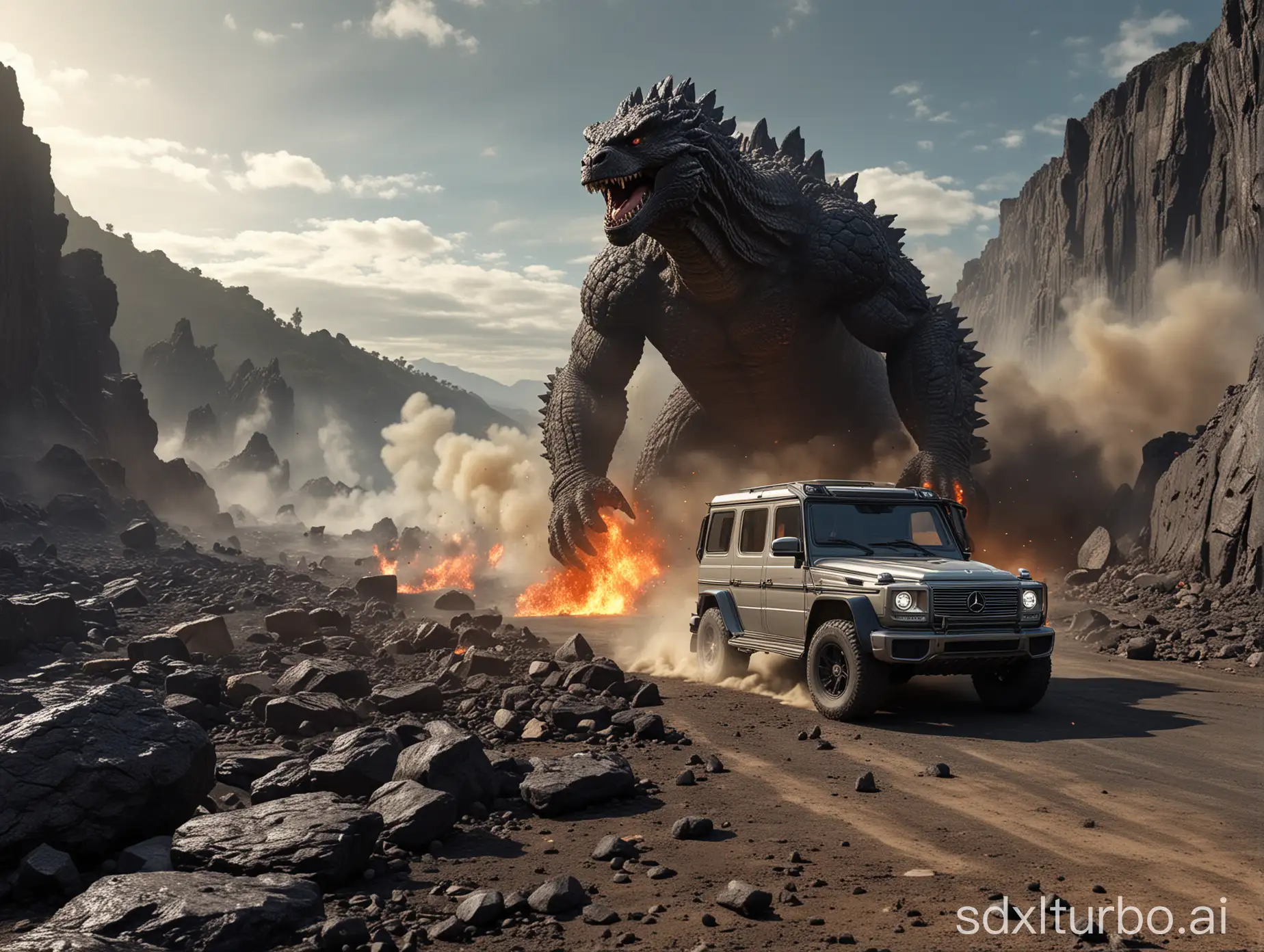 A volcanic eruption scene, Godzilla chasing the future Mercedes-Benz G in the distance. Referring to "Clash of the Titans", the future Mercedes-Benz G gallops forward, reflecting the pure front of the car, textured stones, ground cracks, lava spewing, rapid rotation of tires, low angle of view, sports atmosphere rendering, large scene, wide angle, Hollywood science fiction style