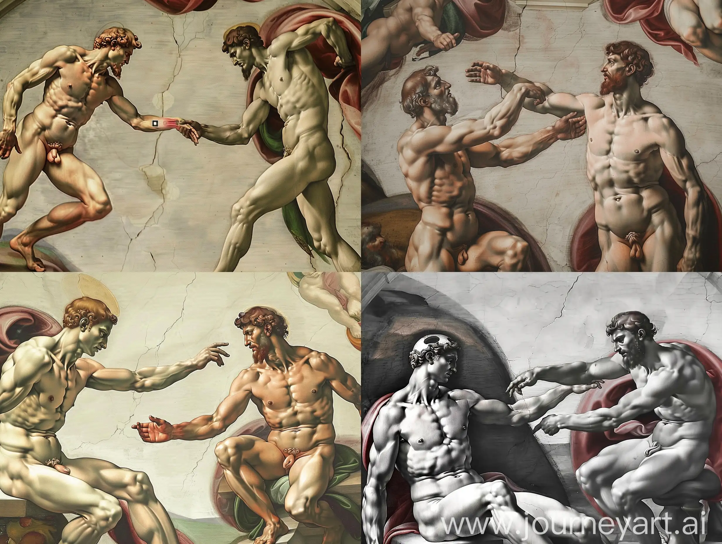Create a picture in good quality that shows two characters: 
1-Robot - which reflects artificial intelligence.
2-Human - a man of 25-35 years old, with a small beard.

Both characters are in the same pose as in  Michelangelo's painting “The Birth of Adam”. Emphasize their interactions.