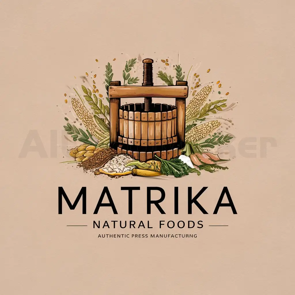 a logo design,with the text "matrika natural  foods", main symbol:Need to design LOGO for wood press oil manufacturing company named MATRIKA natural foods. Need logo that represent authentic wood press oil . should be unique in this cluttered market. Logo should not represent only oil bcz in future many products will be added like grains & its flour, pulses etc.,Moderate,be used in Restaurant industry,clear background