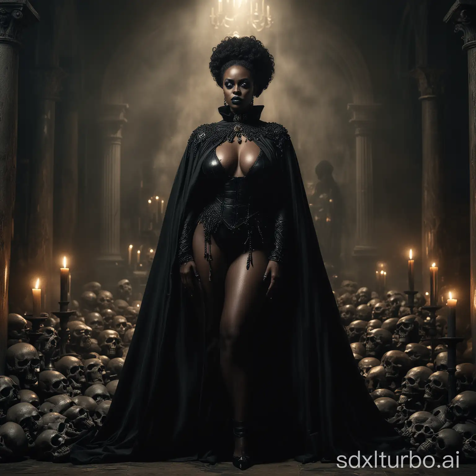 a majestic and powerful black woman, black makeup, EXTREME large breasts exuding an aura of authority. Her imposing presence is accentuated by an air of mystique. Her dark costume and black cape with a high collar further accentuate her imposing presence, she is standing wearing high heels. The enchanting atmosphere is deepened by two skulls on either side, each with a lit black candle that casts mysterious shadows. This captivating scene masterfully combines mystery and power
