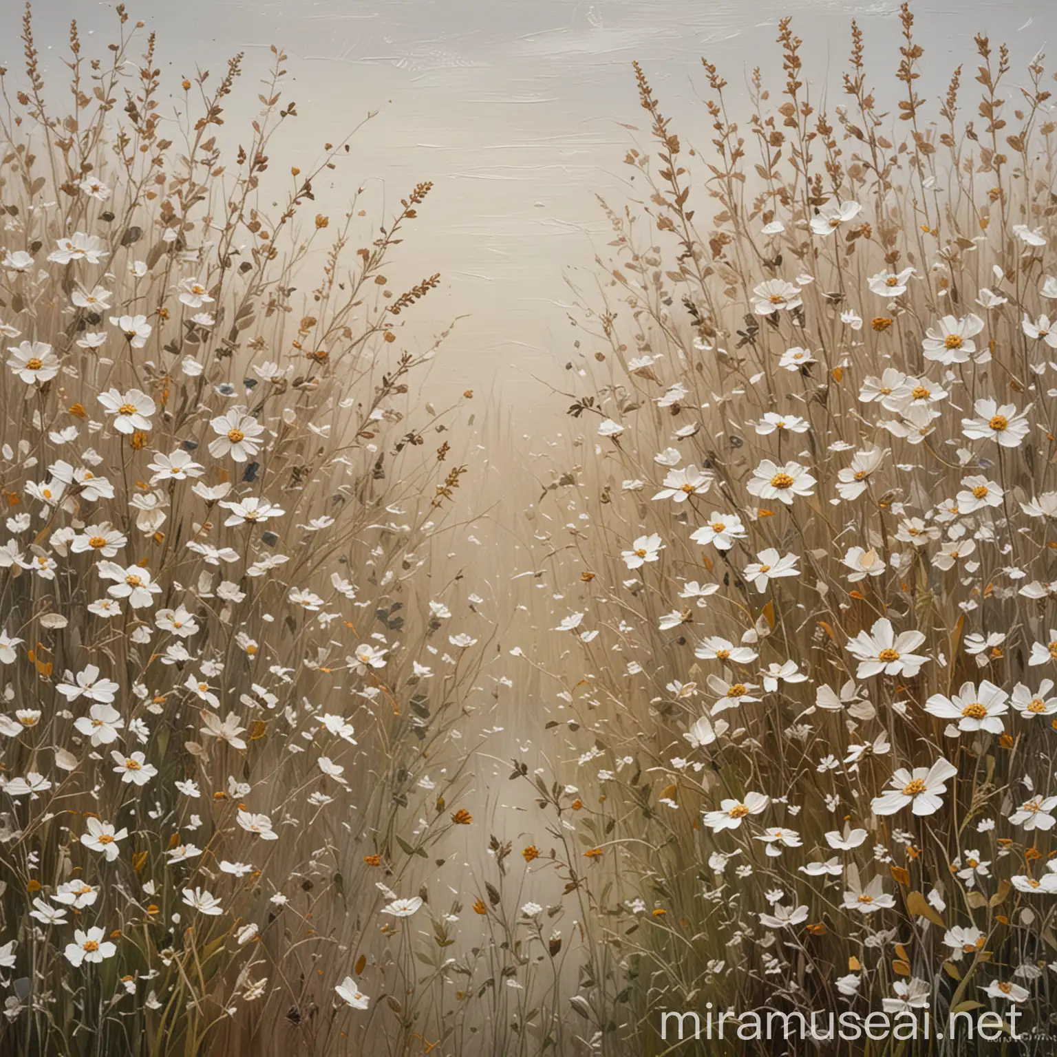 Intricate Textured Neutral Wildflower Meadow Painting