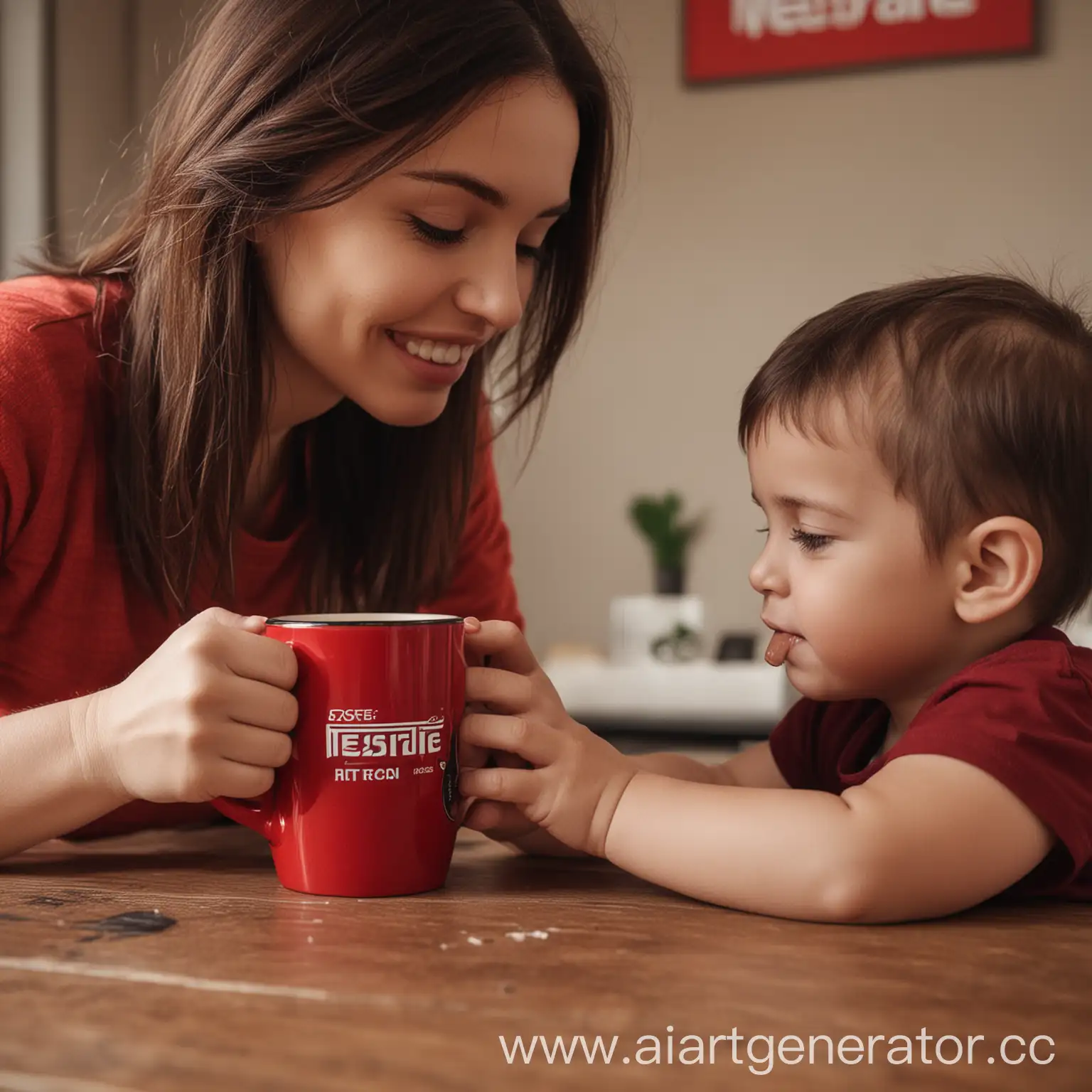 Молодая мама с чашкой Nescafe, играющая с ребенком, крупным планом, кружка 
красного цвета и черной надписью nescafe, крупный кадр, чтобы хорошо было видно надпись на кружке, в постельных оттенках
