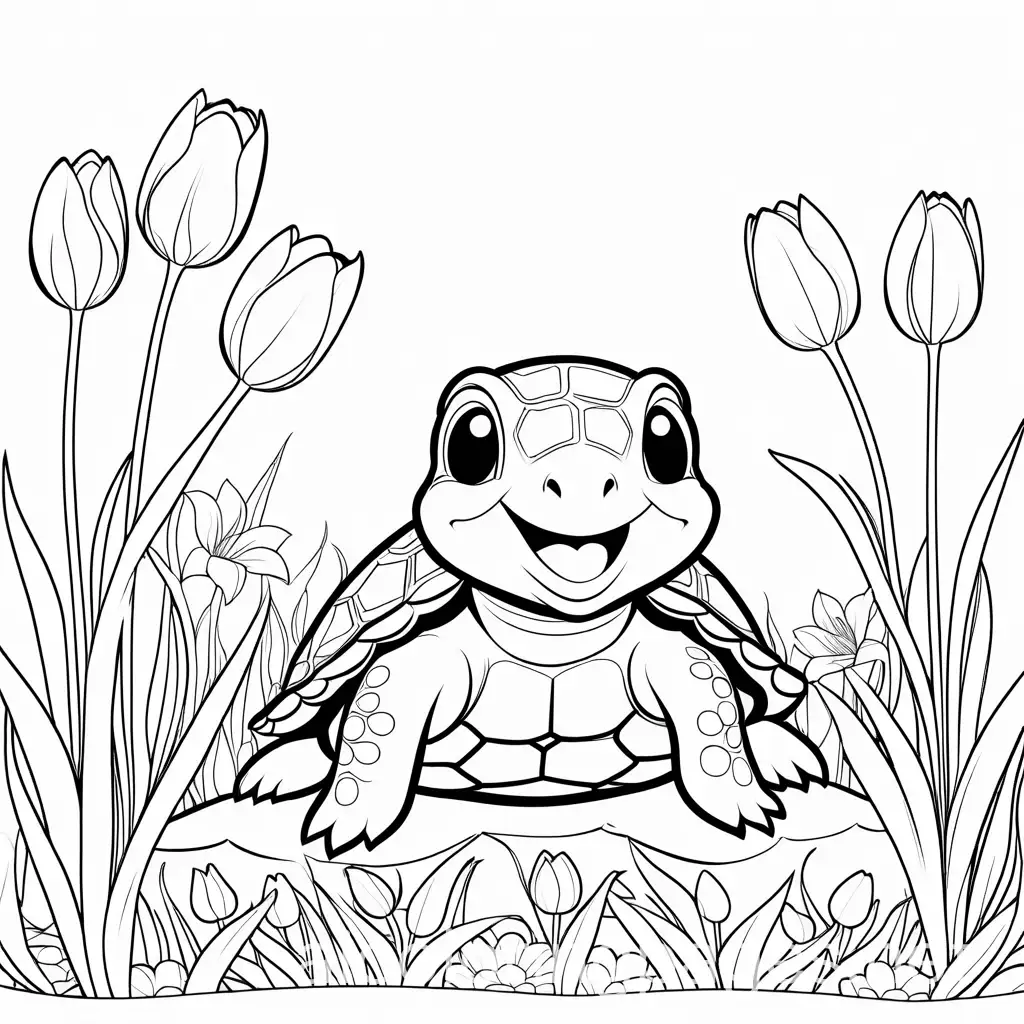 a cute baby turtle is smiling to the camera in the tulip garden, Coloring Page, black and white, line art, white background, Simplicity, Ample White Space. The background of the coloring page is plain white to make it easy for young children to color within the lines. The outlines of all the subjects are easy to distinguish, making it simple for kids to color without too much difficulty