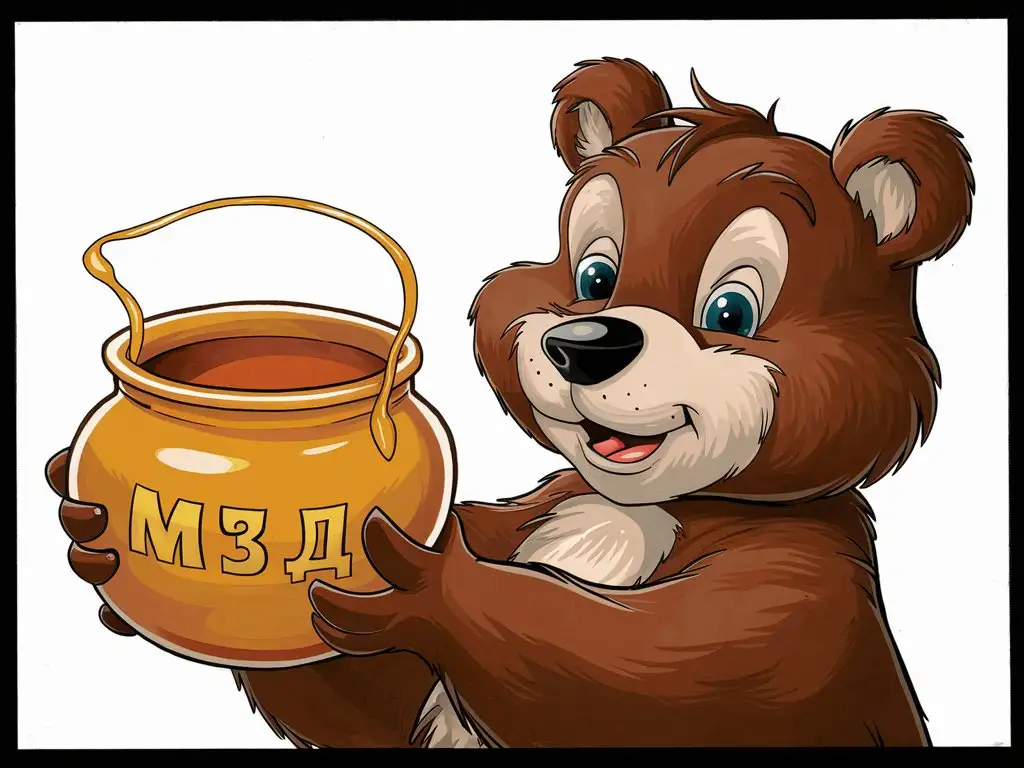 A frame from the cartoon studio Soyuzmultfilm of the USSR, a brown stylized indeterminate bear holding an empty pot of honey, the inscription 'MЕД' on the pot, the cartoon style of the USSR of the 1980 era.