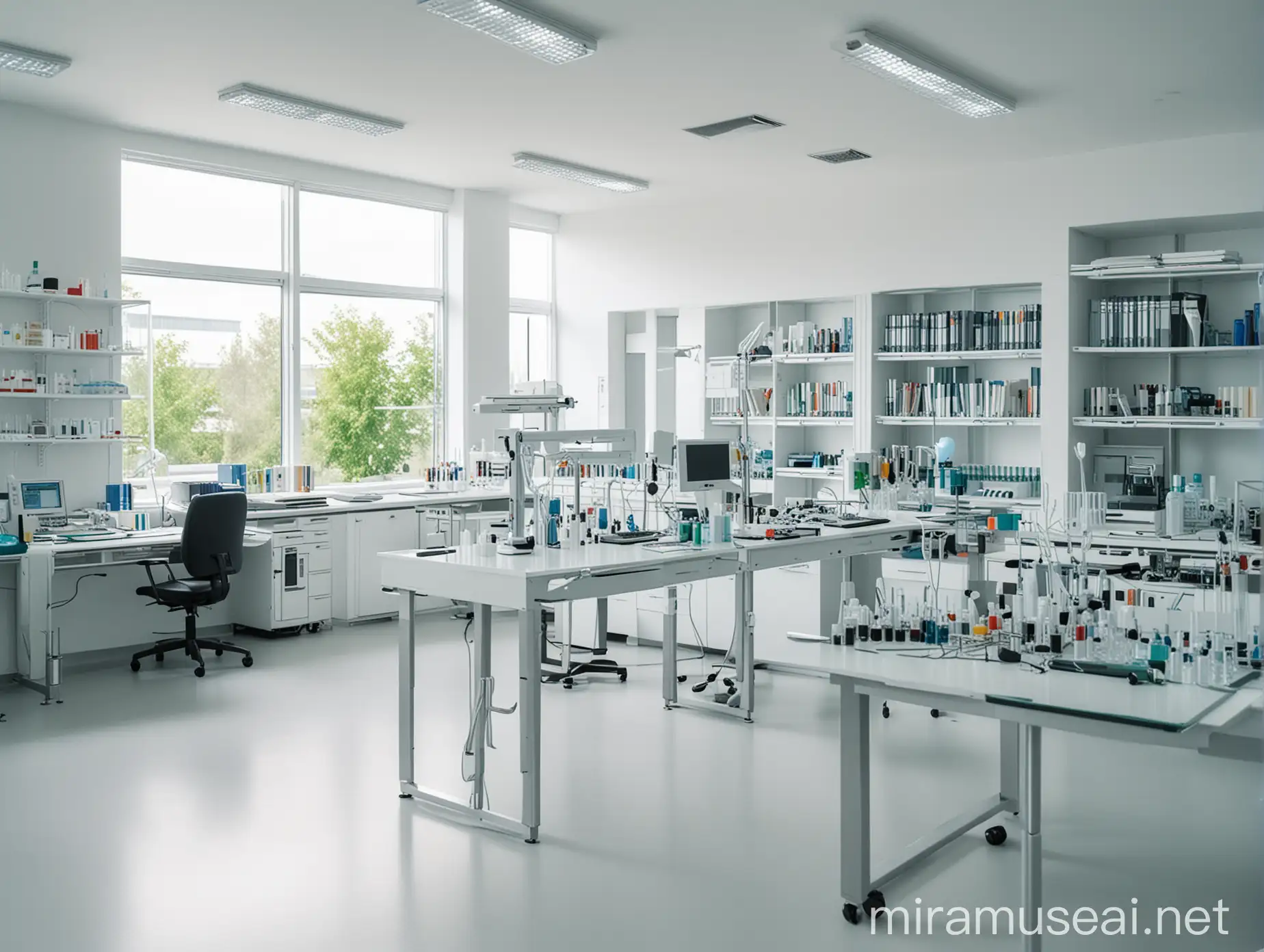 有纵深感的生物实验室场景，医学实验室，制药实验室，明亮的室内环境，整齐的桌面，有几台仪器设备，