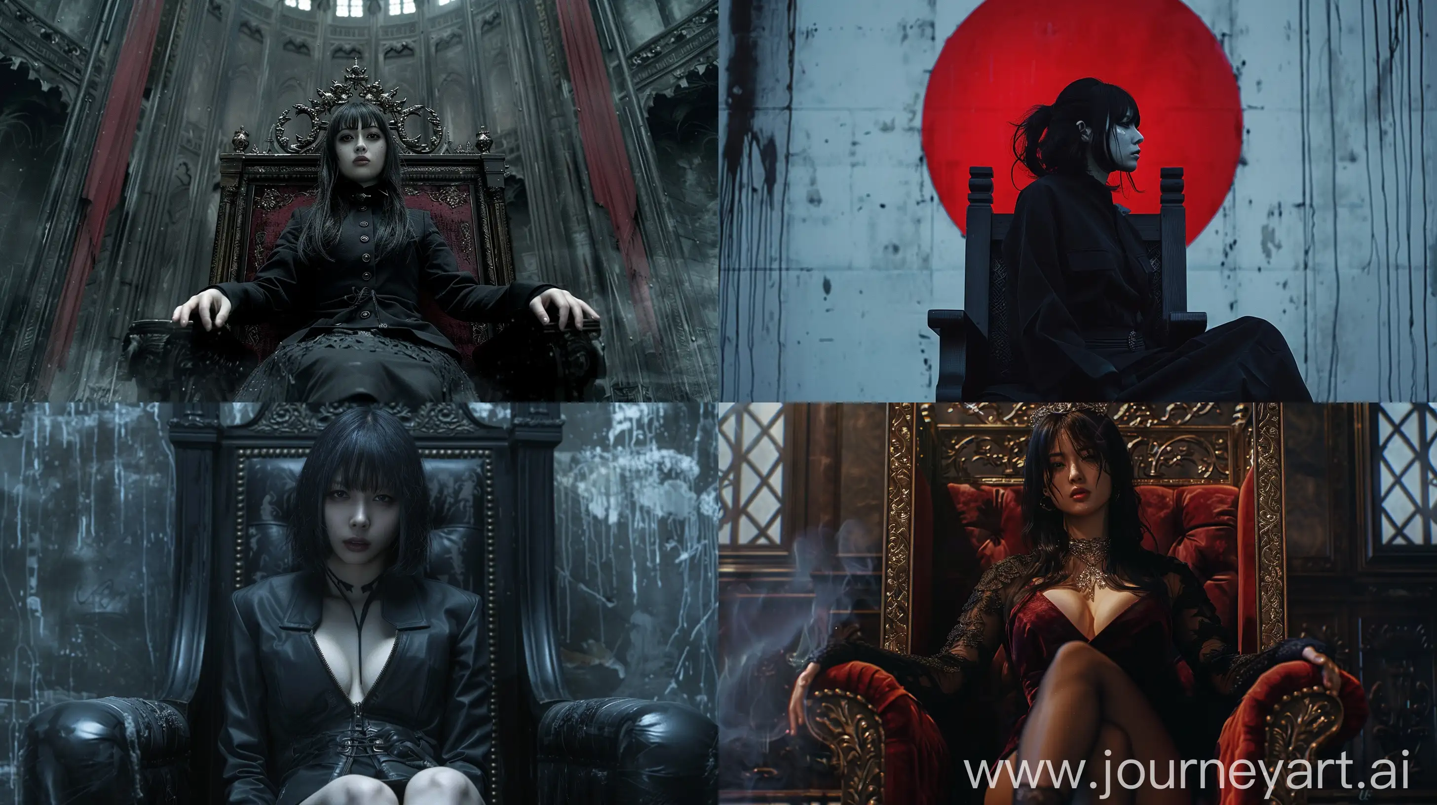 Mechanized-Precision-Woman-Seated-on-Throne-in-Dark-Gray-and-Crimson-Style