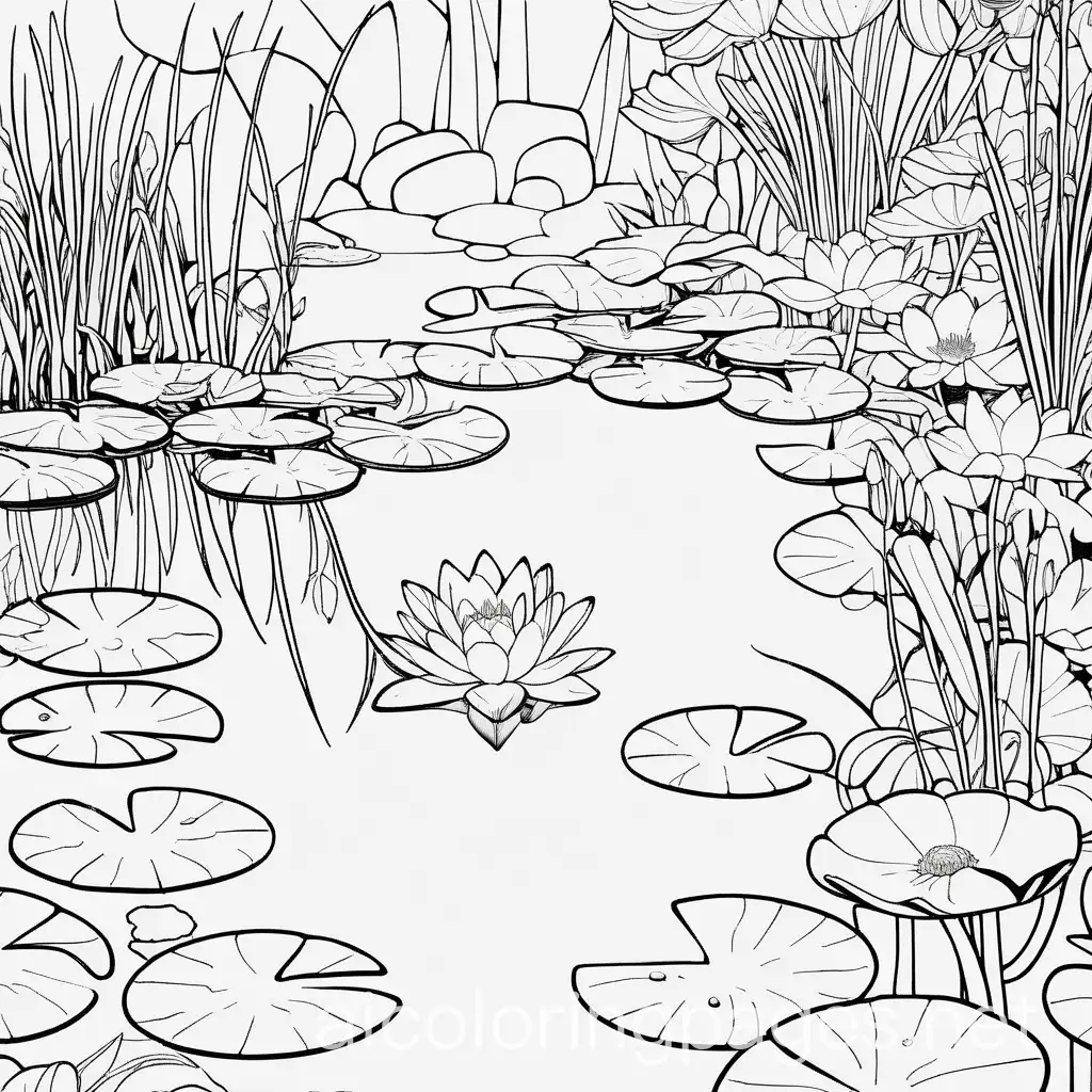 crystal clear water pond with hint of glowing waterlily's with a simple waterfall in the background with lots of light flowers hanging down and greenery all around, Coloring Page, black and white, line art, white background, Simplicity, Ample White Space. The background of the coloring page is plain white to make it easy for young children to color within the lines. The outlines of all the subjects are easy to distinguish, making it simple for kids to color without too much difficulty