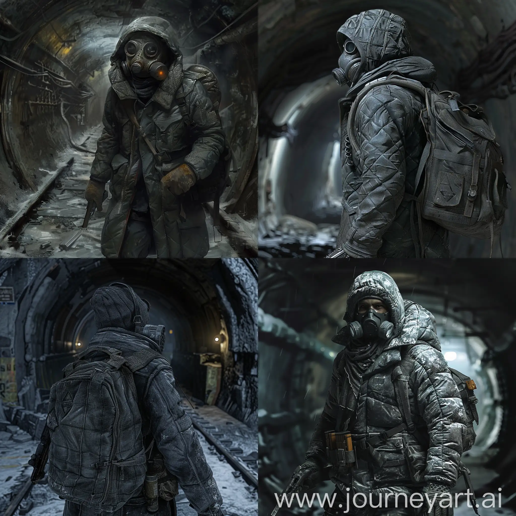 Metro 2033, abandoned radioactive catacombs of the subway, stalker in a gray padded jacket, the quilted jacket is torn in places, in a gas mask, in a hat with earflaps, with a pistol in his hand, and with a flashlight in his other hand, with a small backpack on his back, walking through the abandoned catacombs of the subway, dark art, no lighting sources, gloomy atmosphere.
