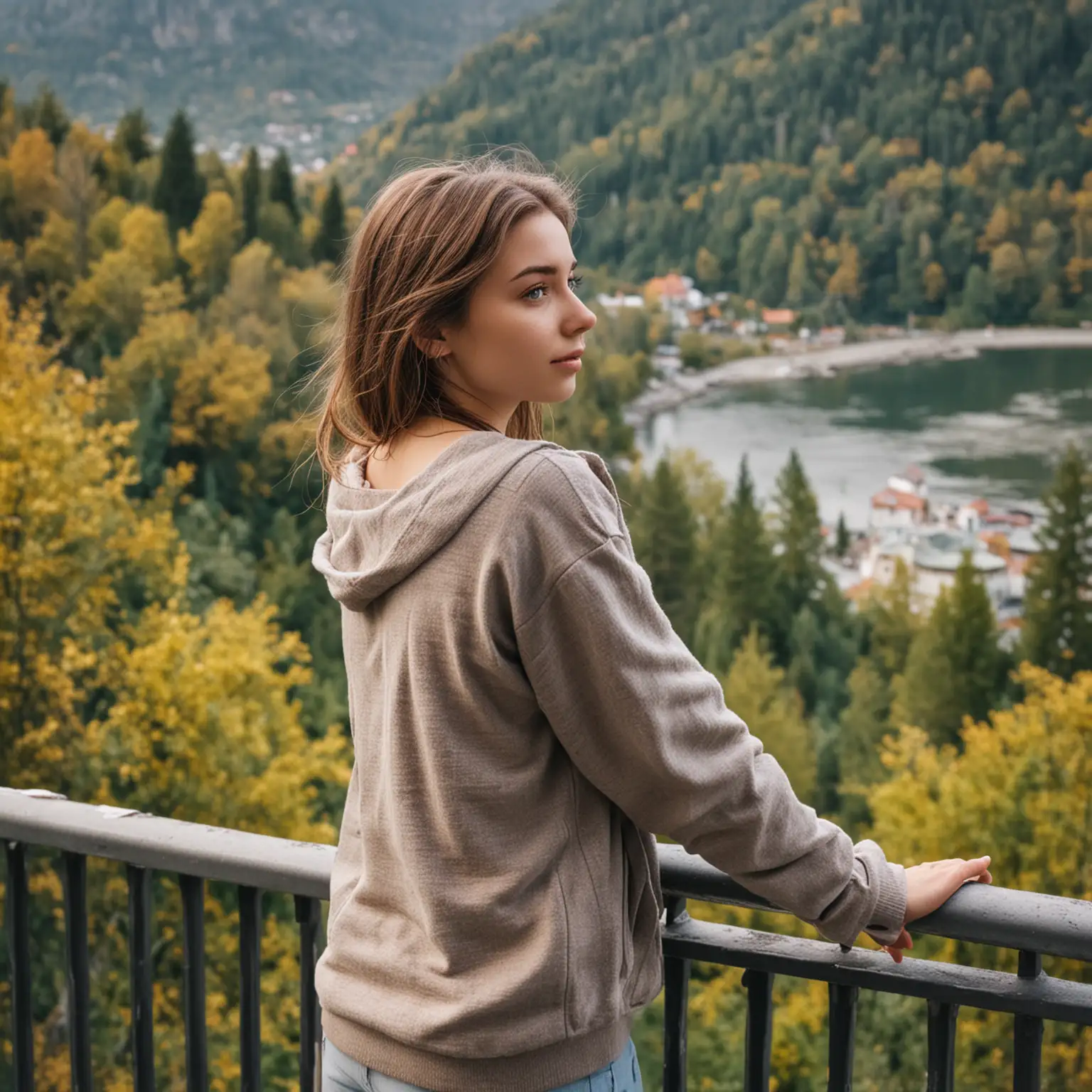 Young-Woman-Admiring-Scenic-View-from-Railing-in-Tourist-Area