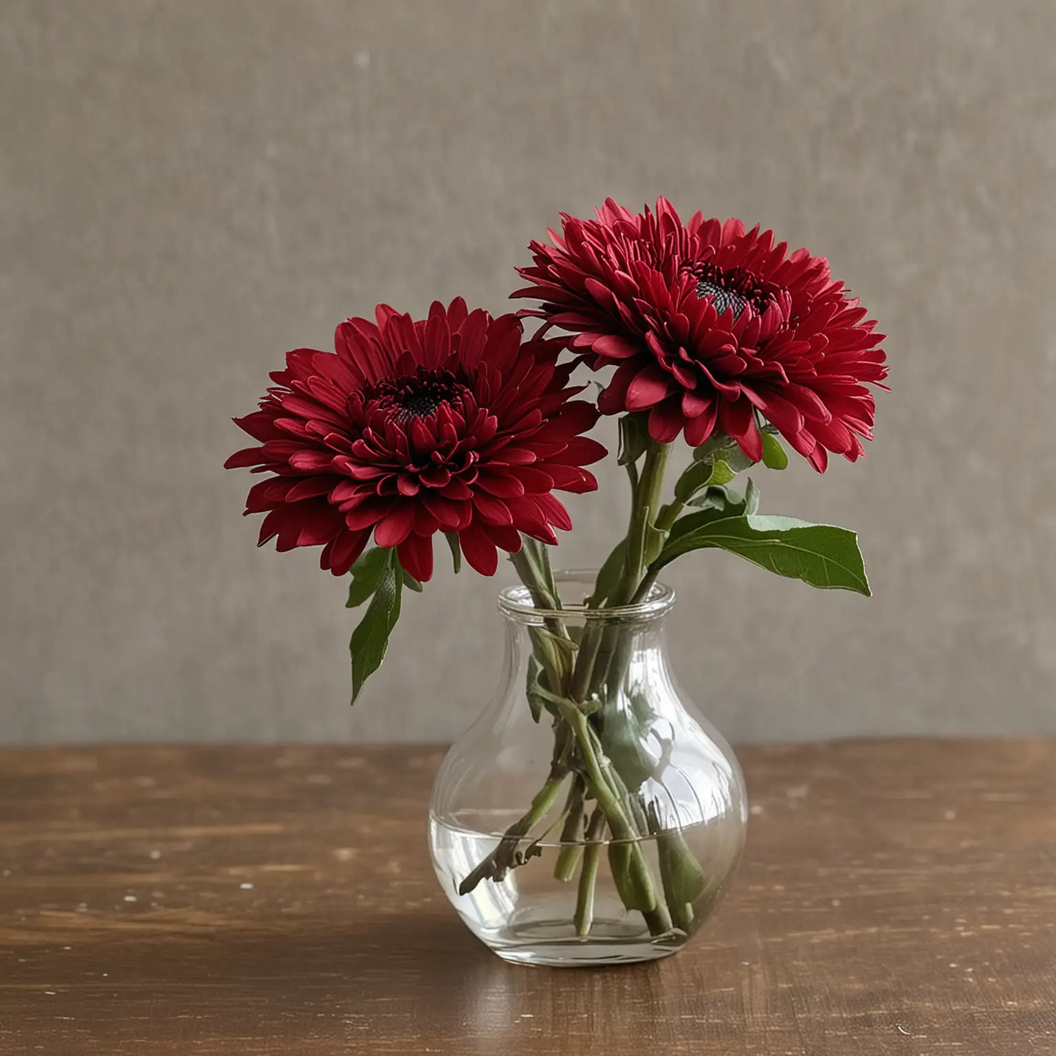 small bud vase with 3 small burgundy mum stems for a simple fall centerpiece