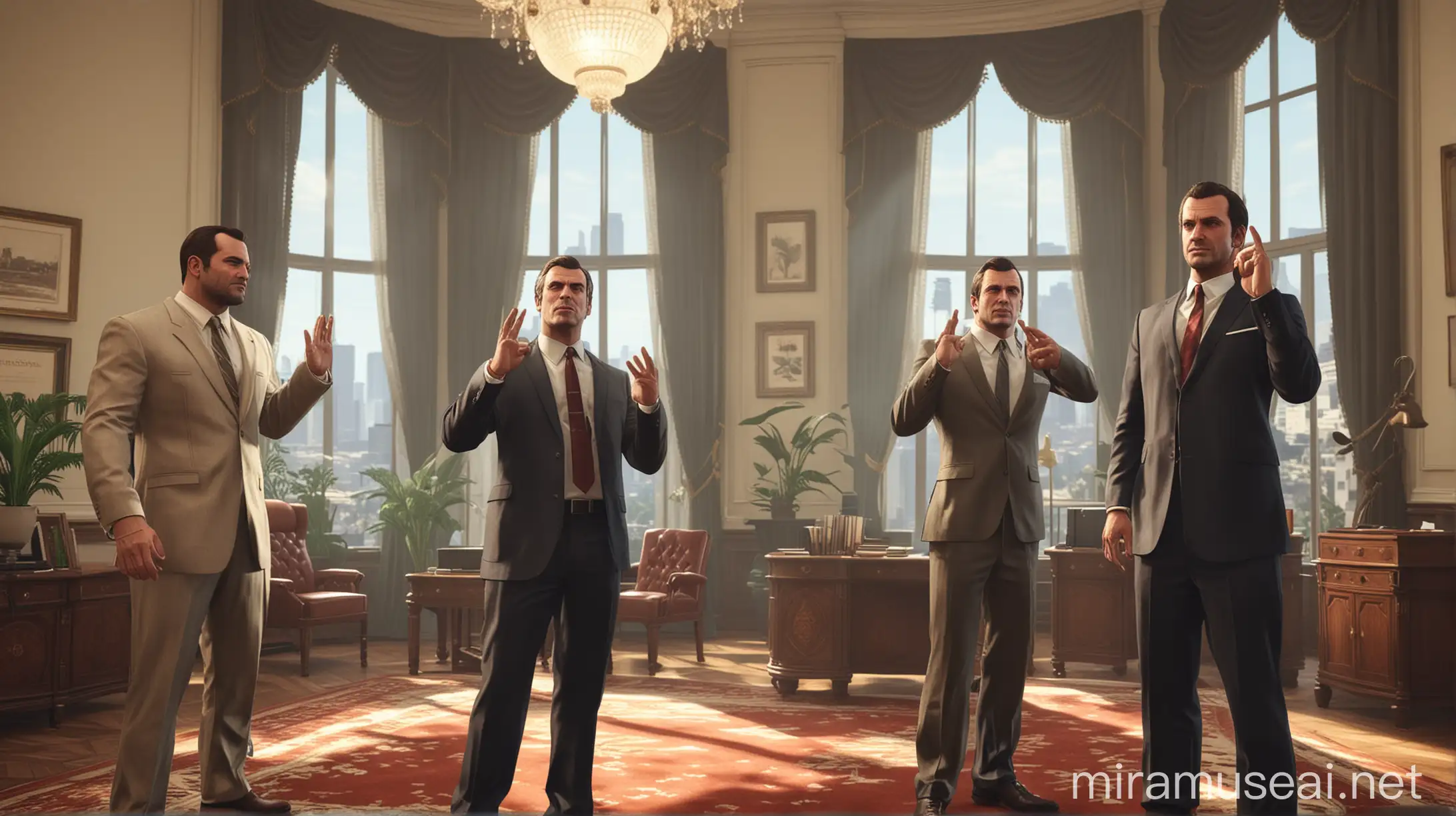 Three Men Celebrating in the Presidents Office Joyful GTA 5 Style Image