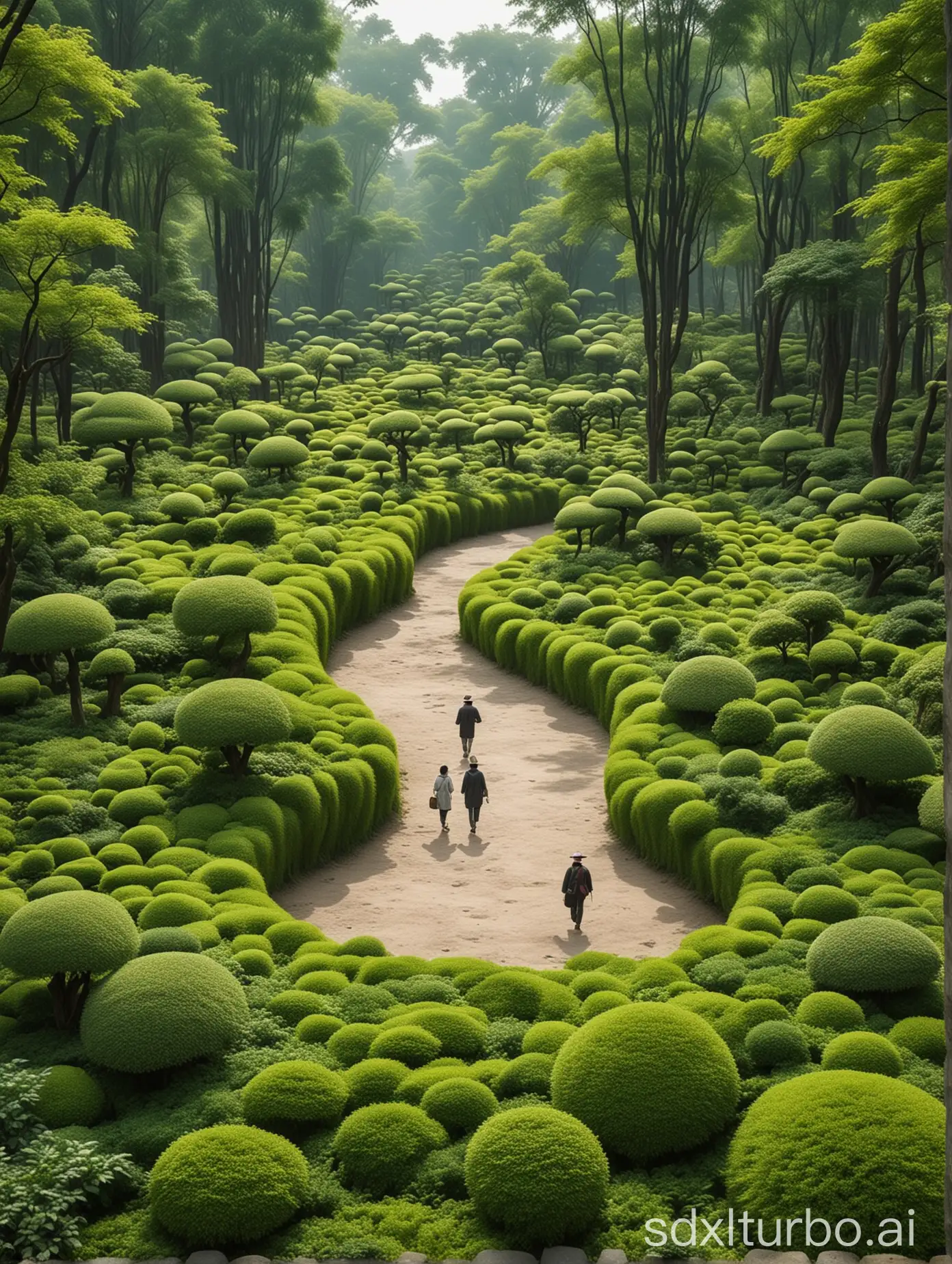 Photos of people walking through the green garden, in Chen Zhen style, surreal 3d landscape, Li Tiefu, pointed mounds, charming landscape, Taiji, spherical shape, high-definition out of the picture