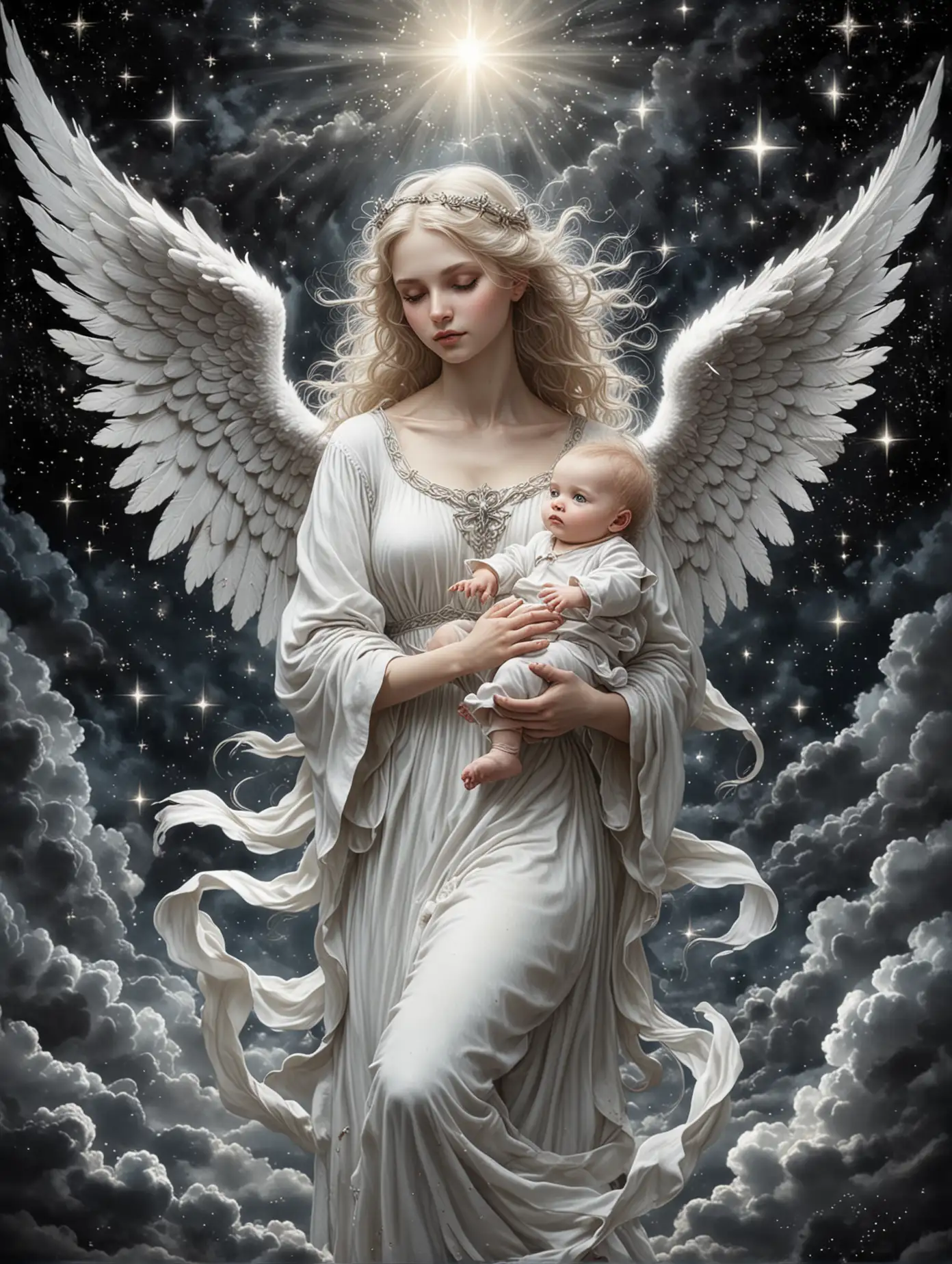 белый ангел в небе держит младенца , светят звезды, готический стиль