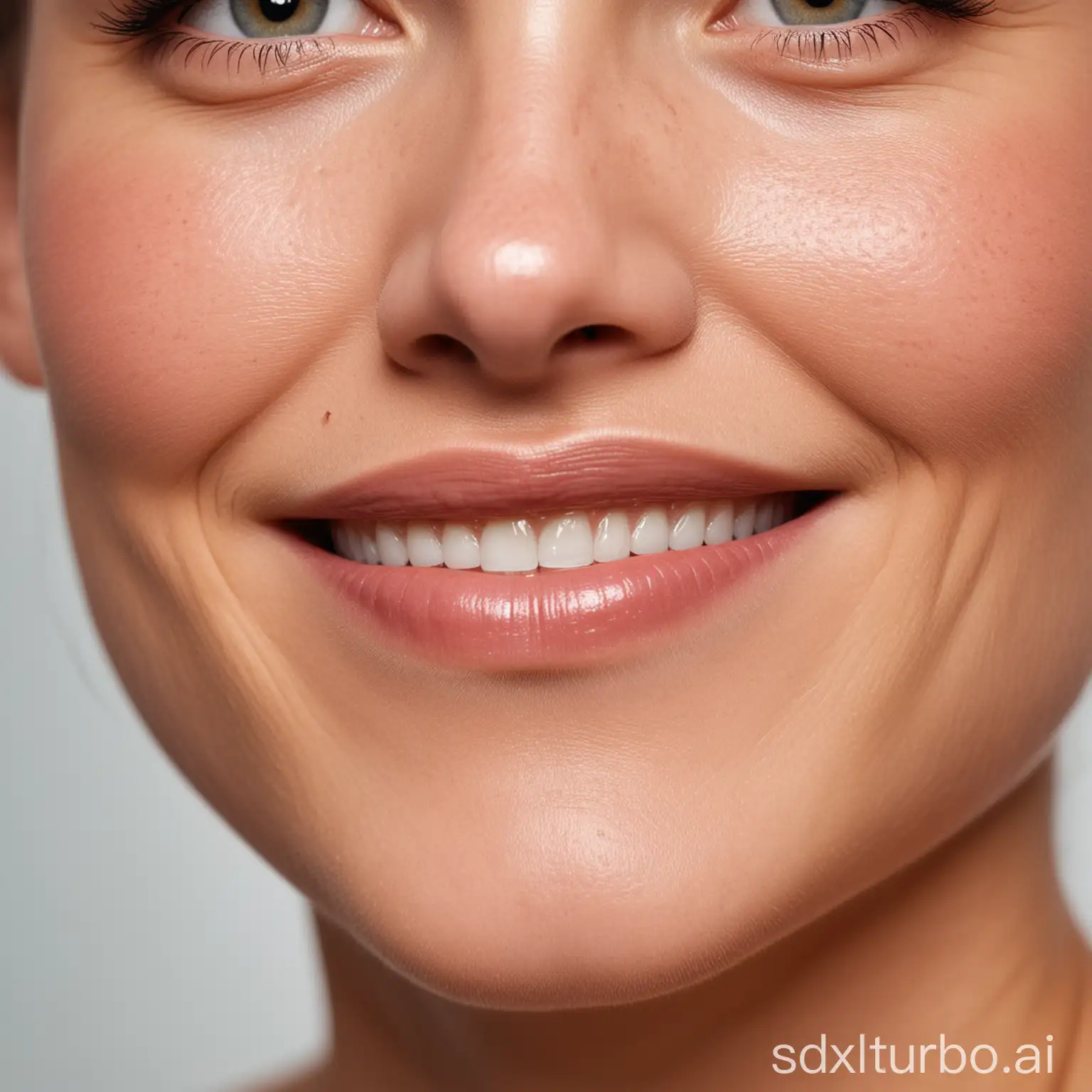 A close-up of a woman's face. Her skin is smooth and radiant, and she is smiling.