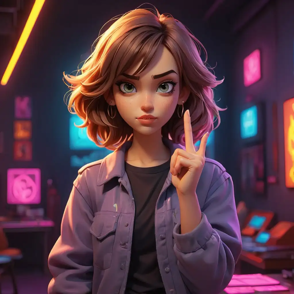 Cartoon-Pretty-Girl-Showing-Middle-Finger-Against-Neon-Background