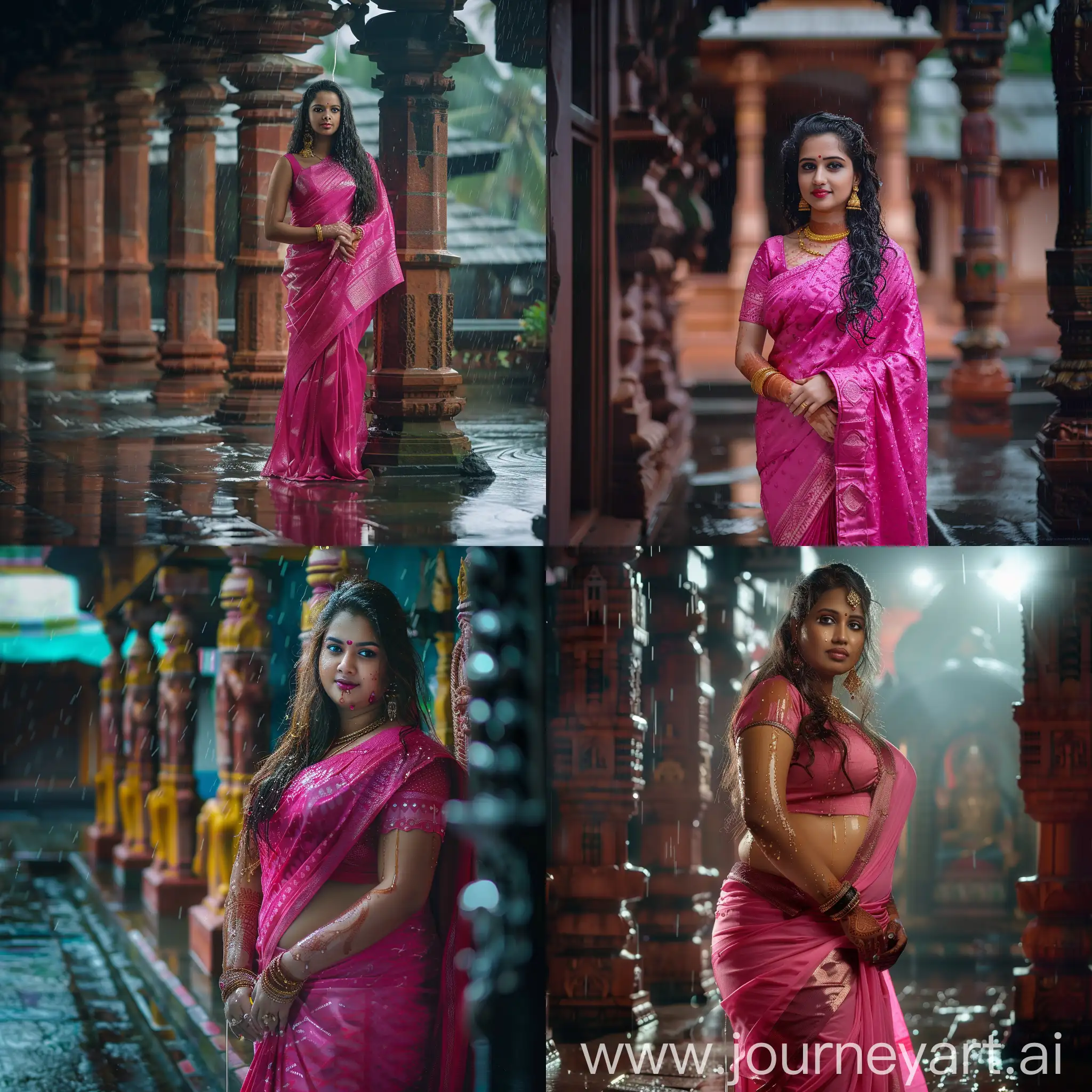 A very beautiful, curvy, Tamil girl wearing a classy pink saree on a rainy day in a temple in Kochi, Kerala. She looks stunning, wet and sweet, with honey-dripping charm. The photography is done with a Canon DSLR, half body portrait, waist shot, hyperrealistic image, grandiose, splendor