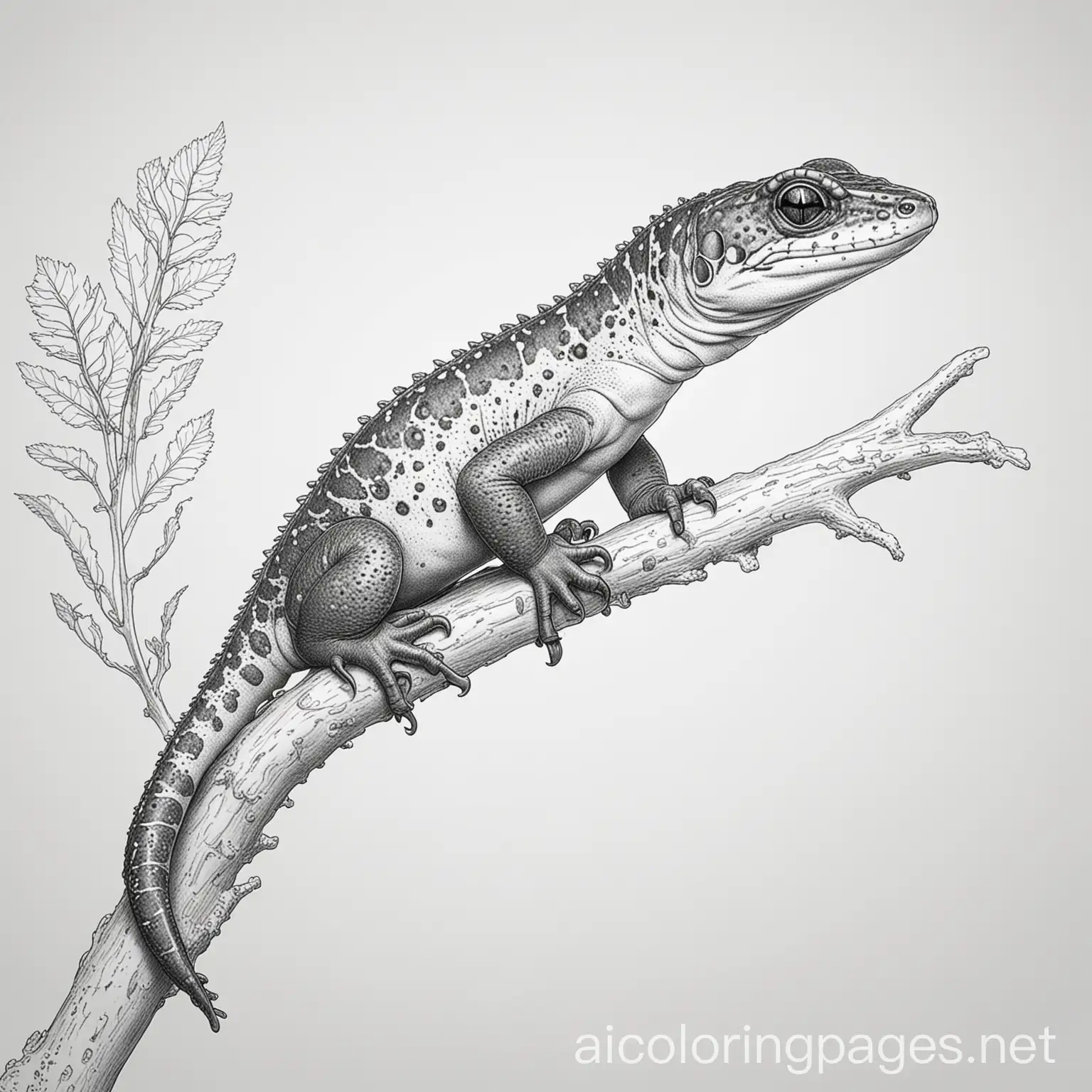 A salamander on a branch, Coloring Page, black and white, line art, white background, Simplicity, Ample White Space. The background of the coloring page is plain white to make it easy for young children to color within the lines. The outlines of all the subjects are easy to distinguish, making it simple for kids to color without too much difficulty