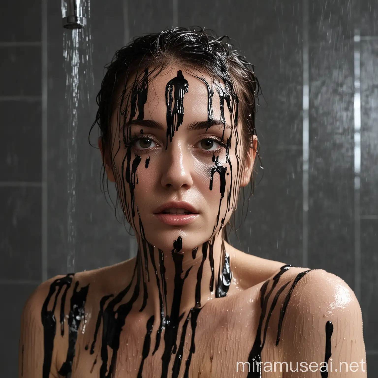 Faye Webster in the shower with blacck paint sad and dark