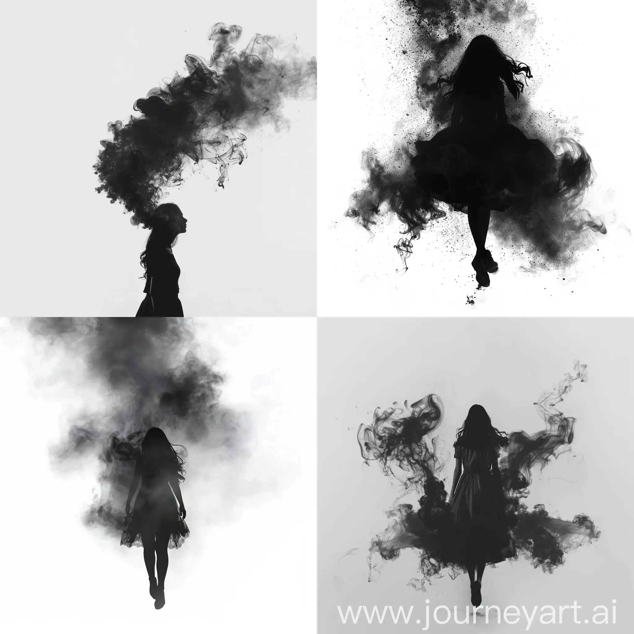 the shadow of the girl dissolves in the air on a white background so that the lower part has already disappeared into the air leaving black clouds of smoke