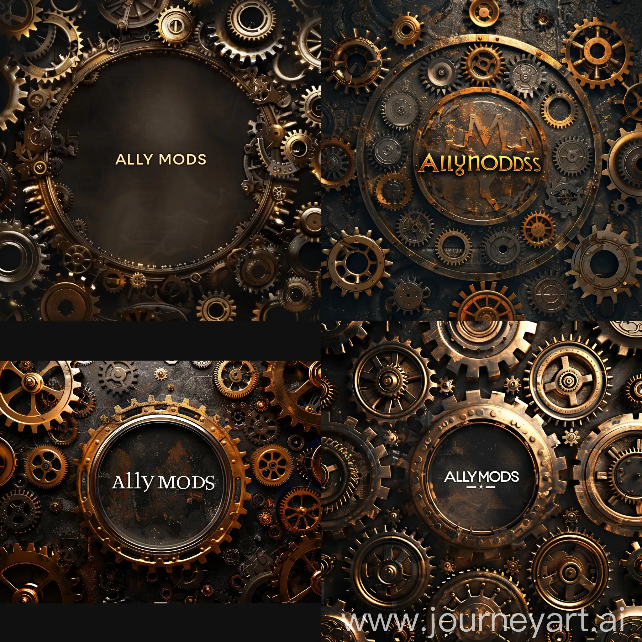 Create a website banner that is 350 pixels wide and 80 pixels tall. It must say AllyMods in the center. Surround it with steam punk style gears. Do not clutter it